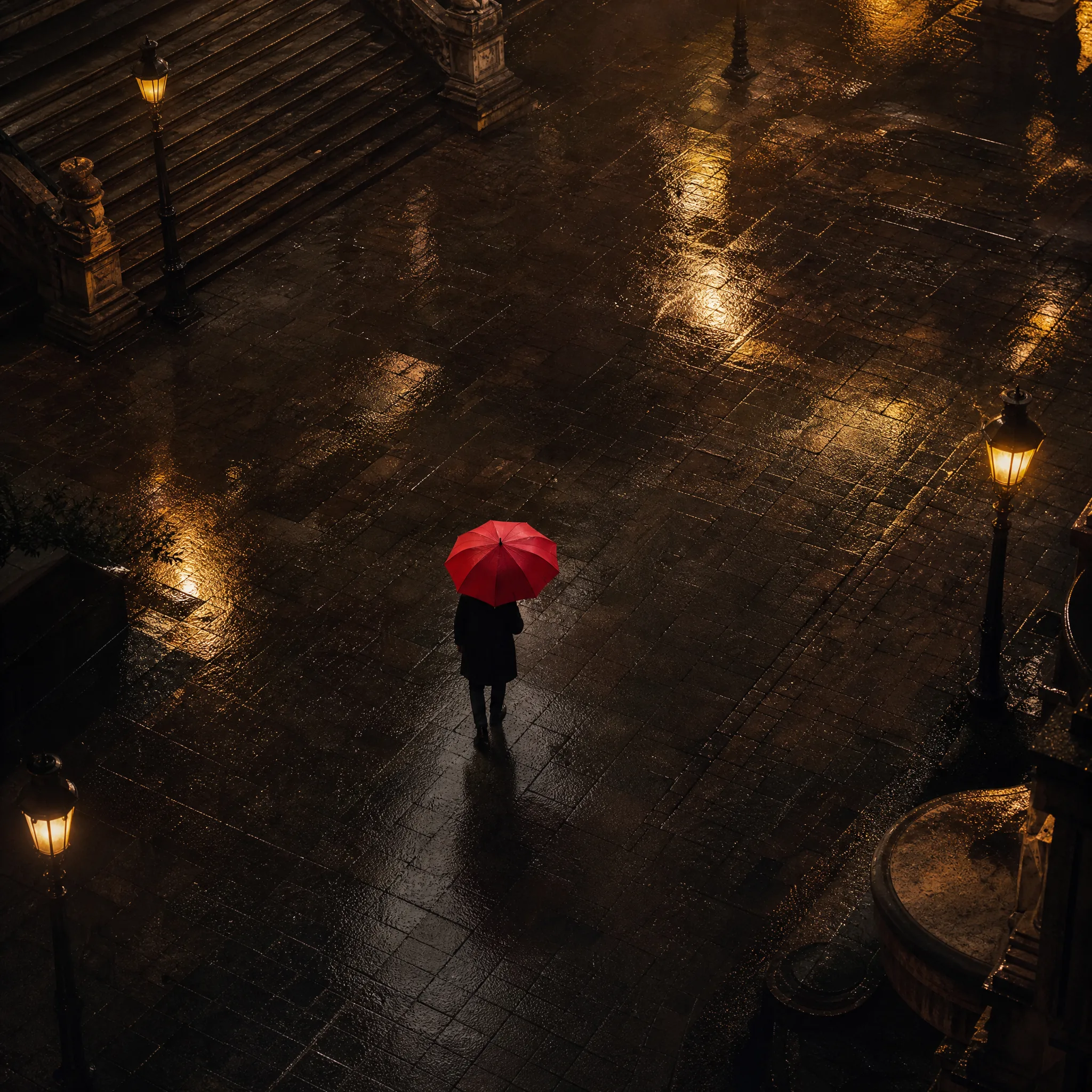 Nano Banana Pro: One Figure, Big Space Seen from above, one man with a red umbrella walks across a wet, empty stone square