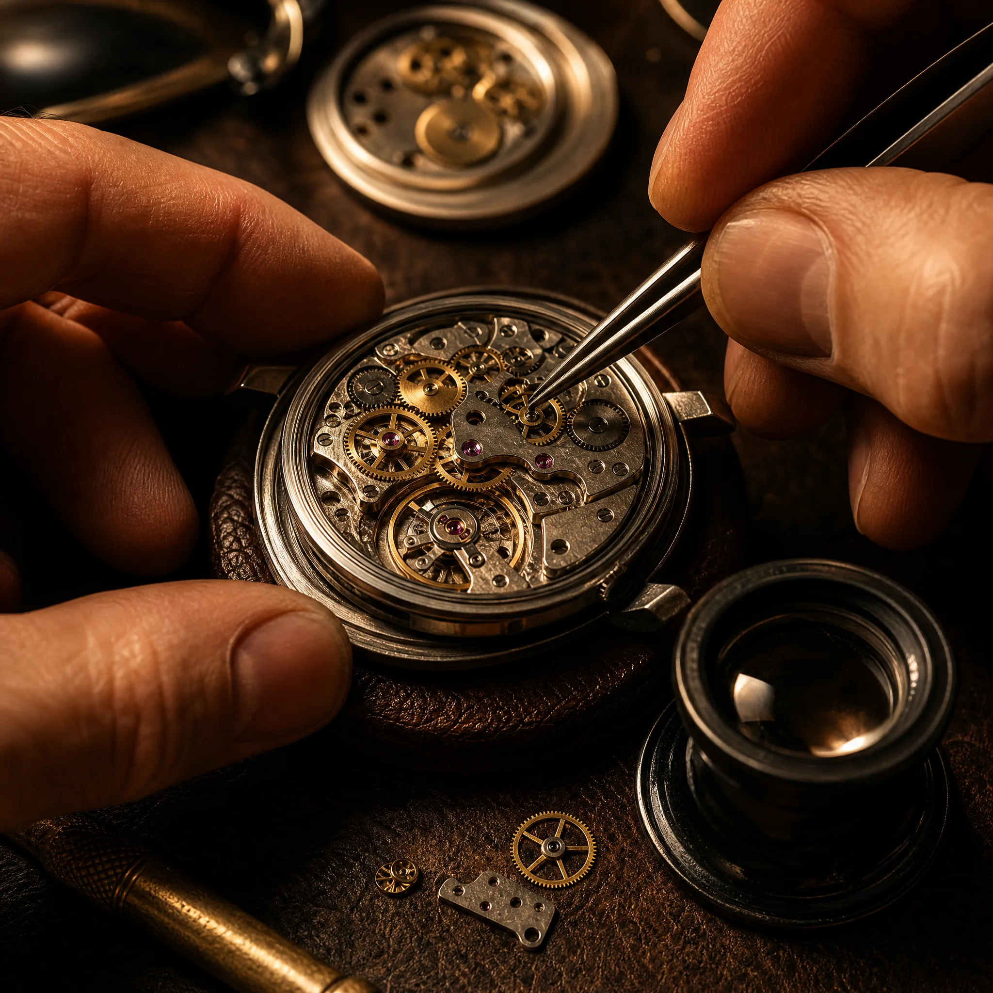 Nano Banana Pro: Watch Movement Close-Up Tweezers adjusting the brass gears of an open mechanical watch movement under a warm work lamp