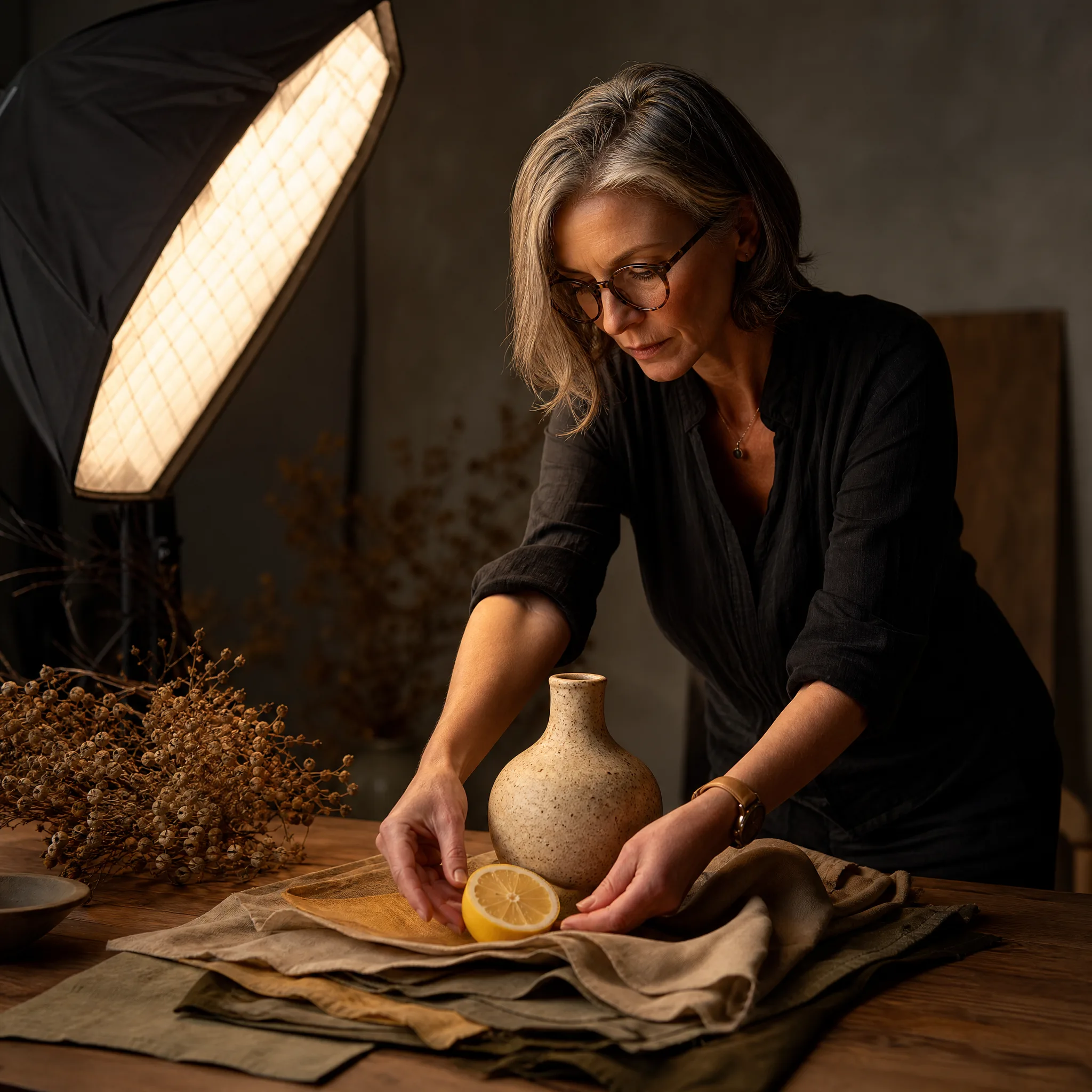 Art director styling a tabletop photo set with a lemon, a ceramic vase and linen swatches