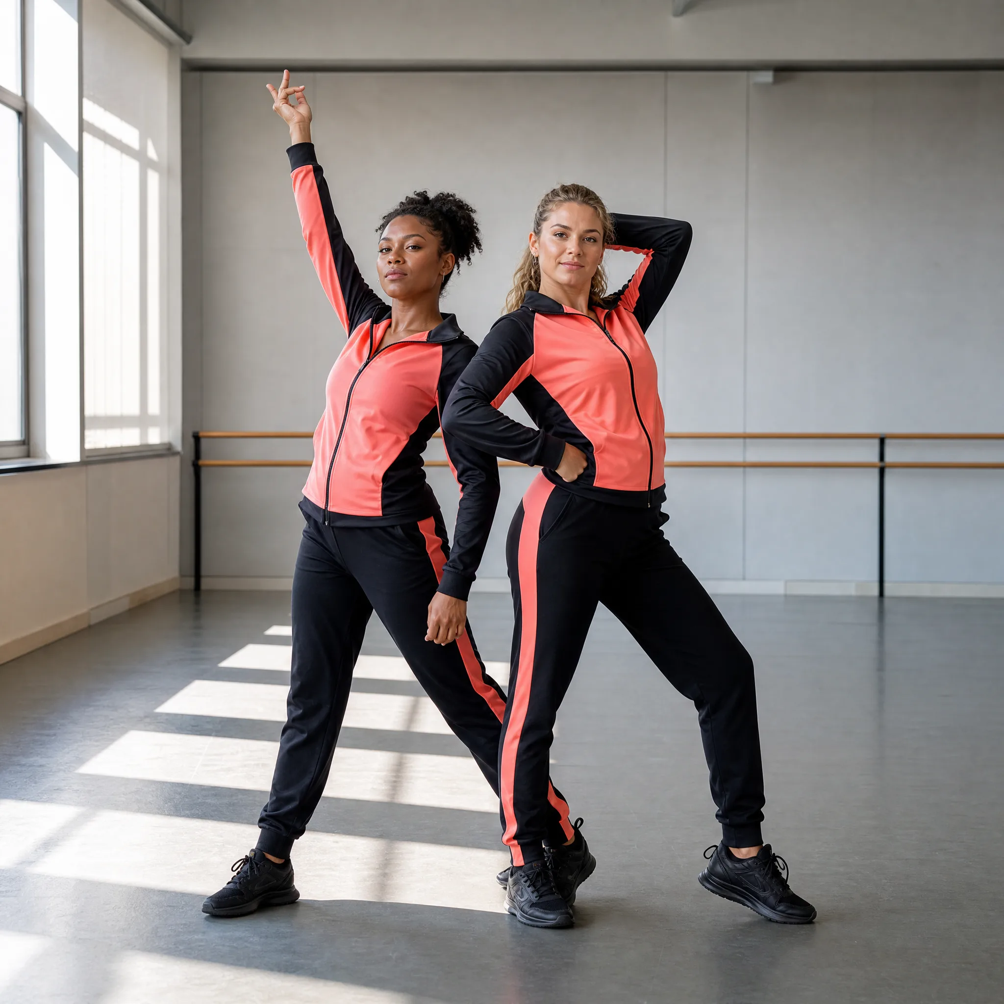 Two women posing after rehearsal in coral and black dancewear beside studio windows