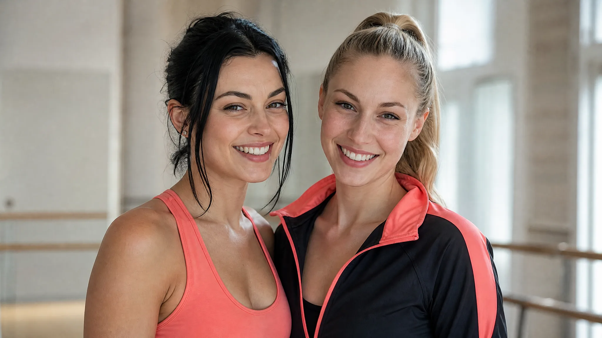Two smiling women after rehearsal, one in a coral top and one in a black jacket with coral trim Two smiling women after rehearsal, one in a coral top and one in a black jacket with coral trim