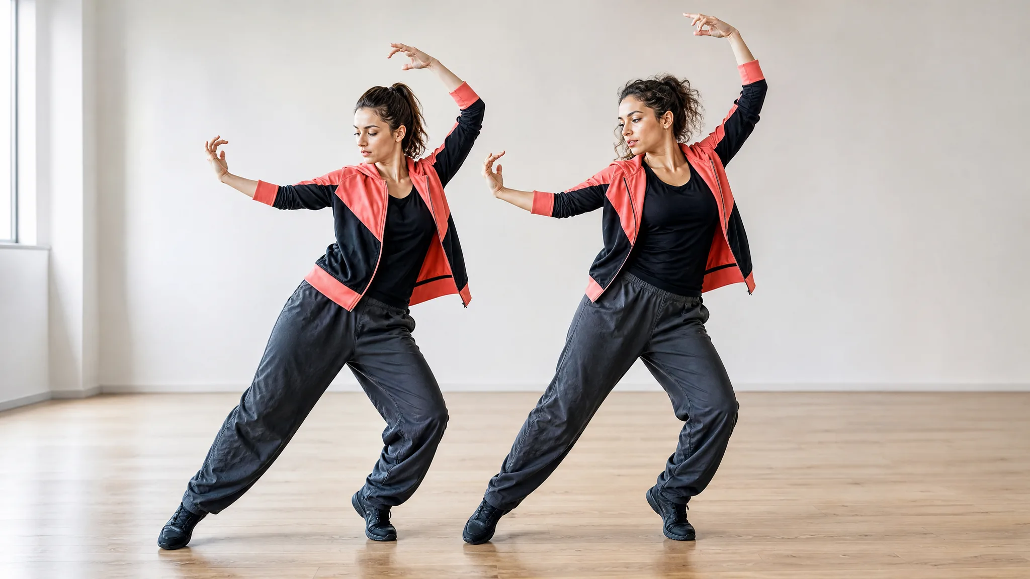 Two dancers stepping sideways with raised arms in matching coral and black jackets Two dancers stepping sideways with raised arms in matching coral and black jackets