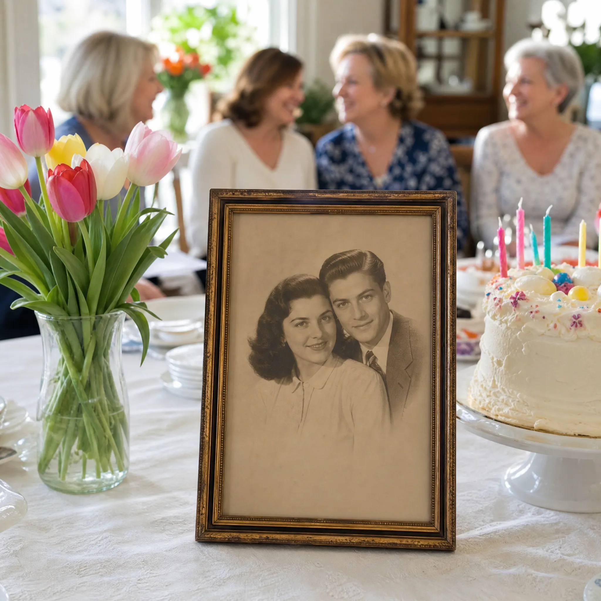 Framed sepia portrait of a 1950s couple beside a birthday cake and tulips, relatives chatting behind