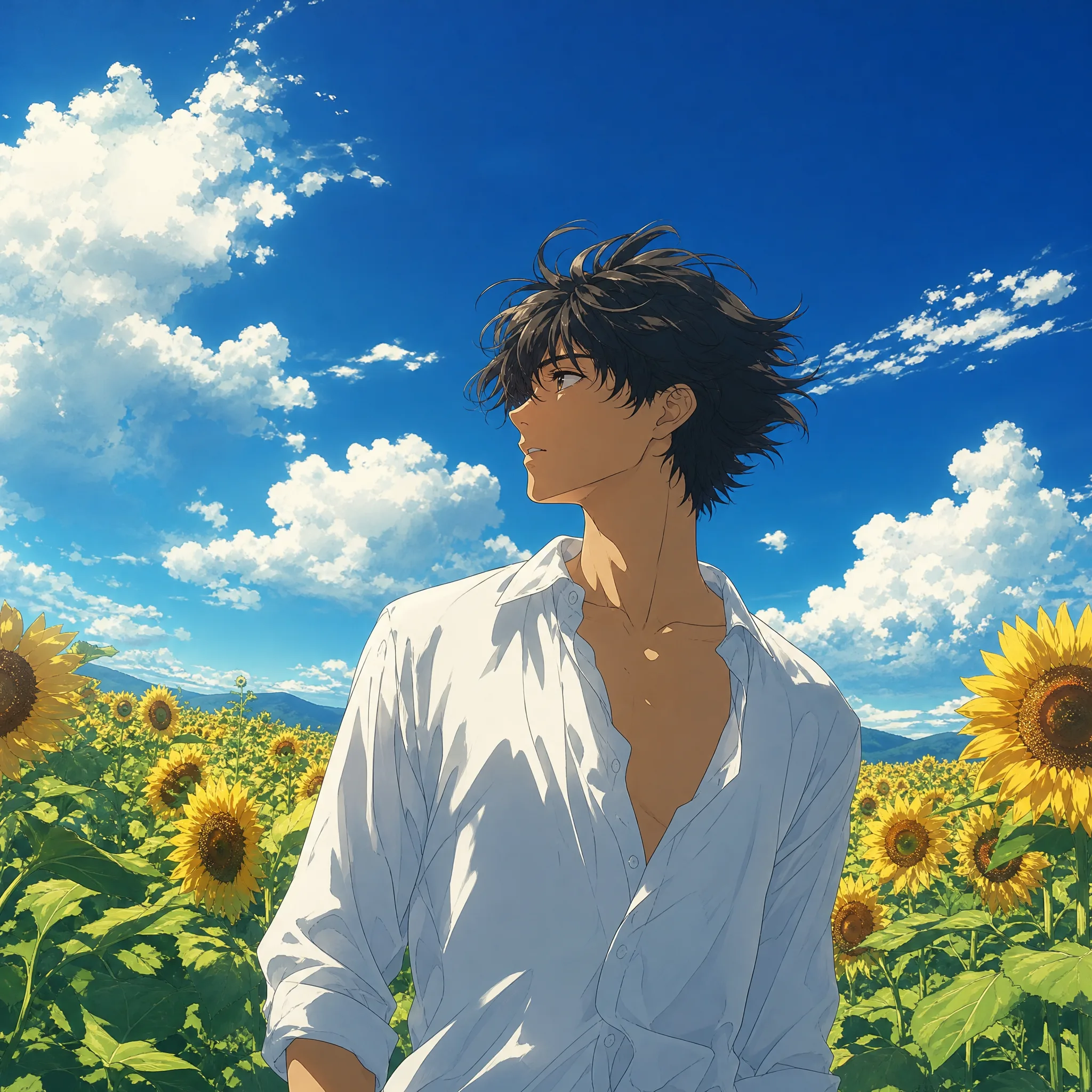 An anime character, a young man with tousled dark hair and an open white shirt, standing in a bright sunflower field