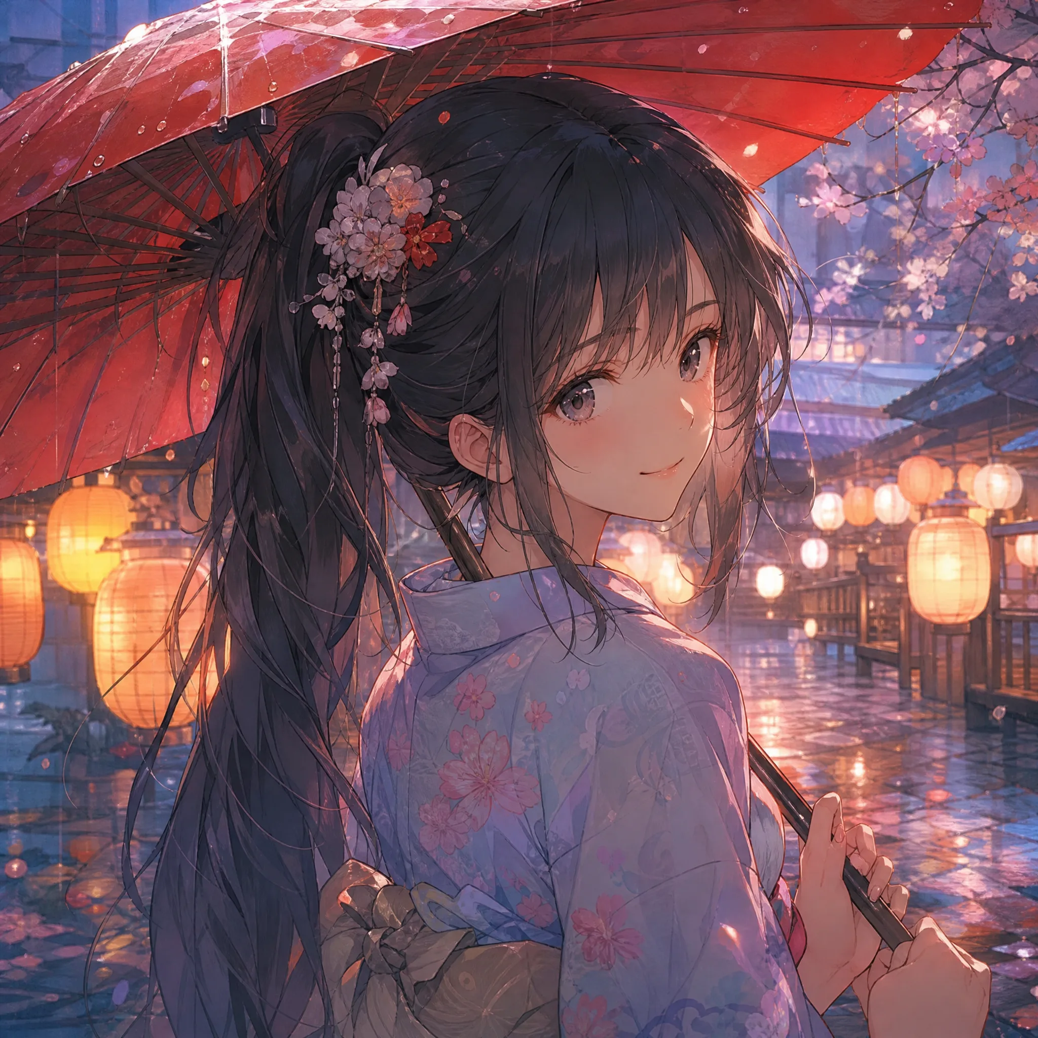 Smiling anime girl with a long dark ponytail holding a red paper umbrella, lanterns glowing behind her in the rain