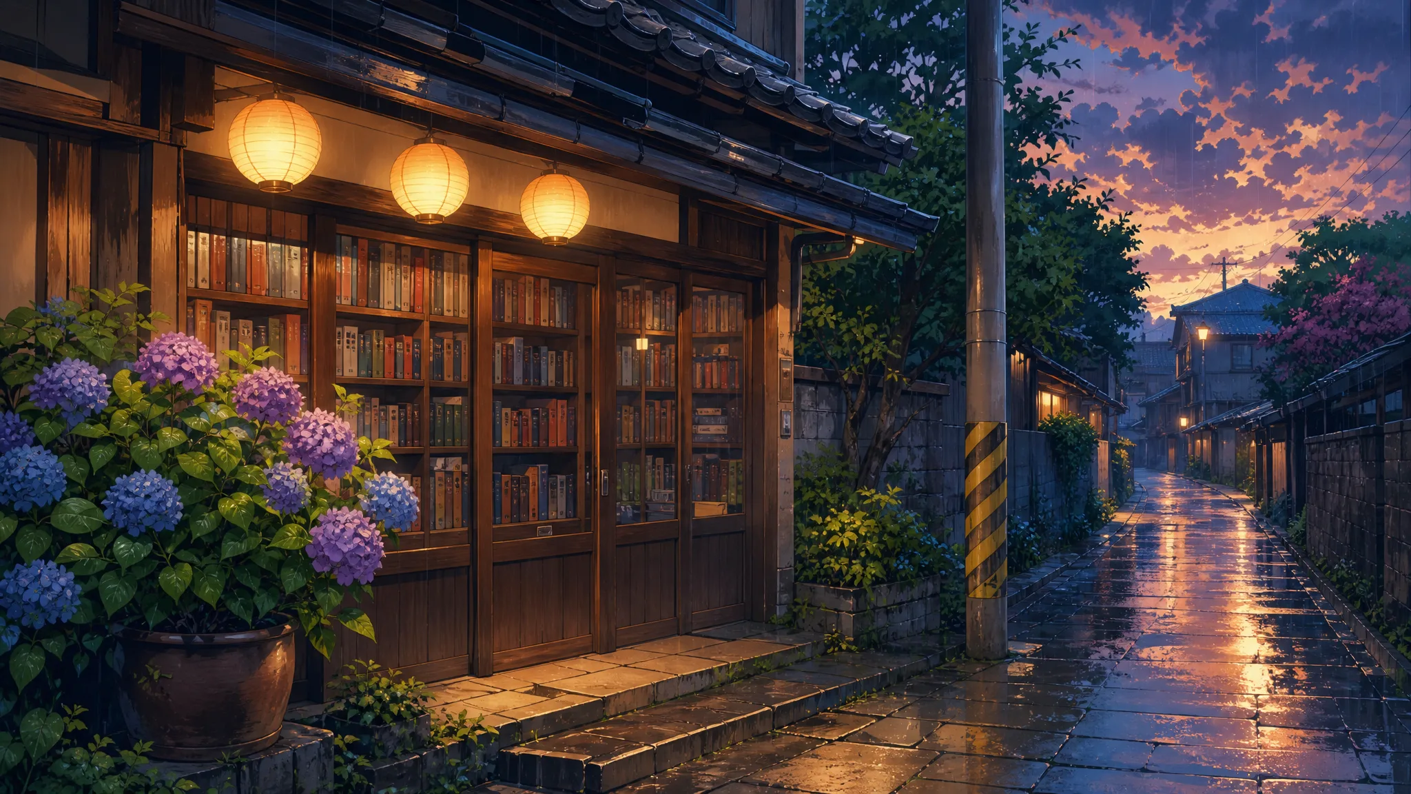 The Rainy Bookshop Street Anime bookshop at dusk with glowing round paper lanterns, hydrangeas in a clay pot and rain on the stone pavement