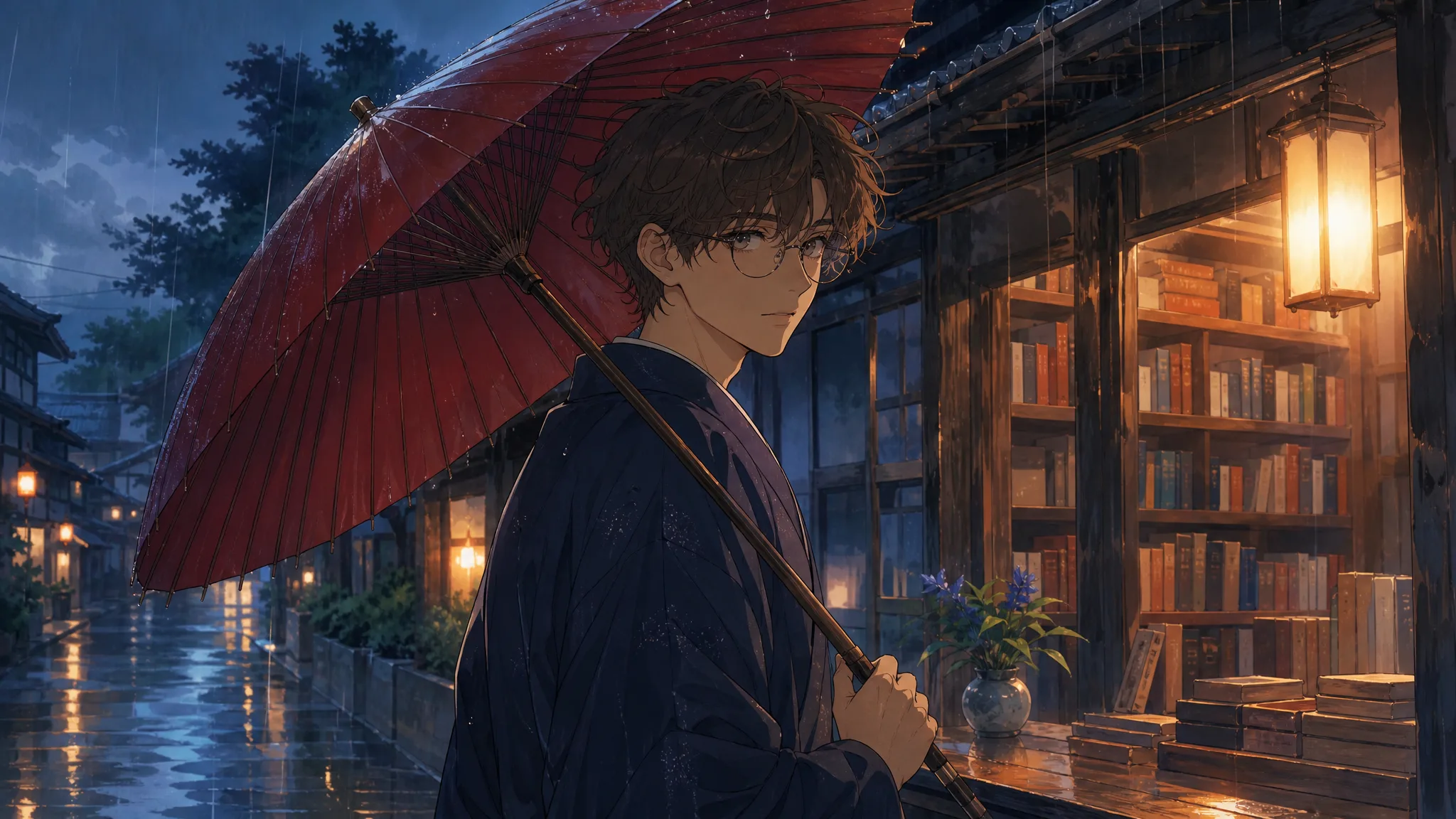Anime Character With Round Glasses Young man in round glasses and a navy kimono, drawn in anime style, holding a red umbrella on a rainy lit street