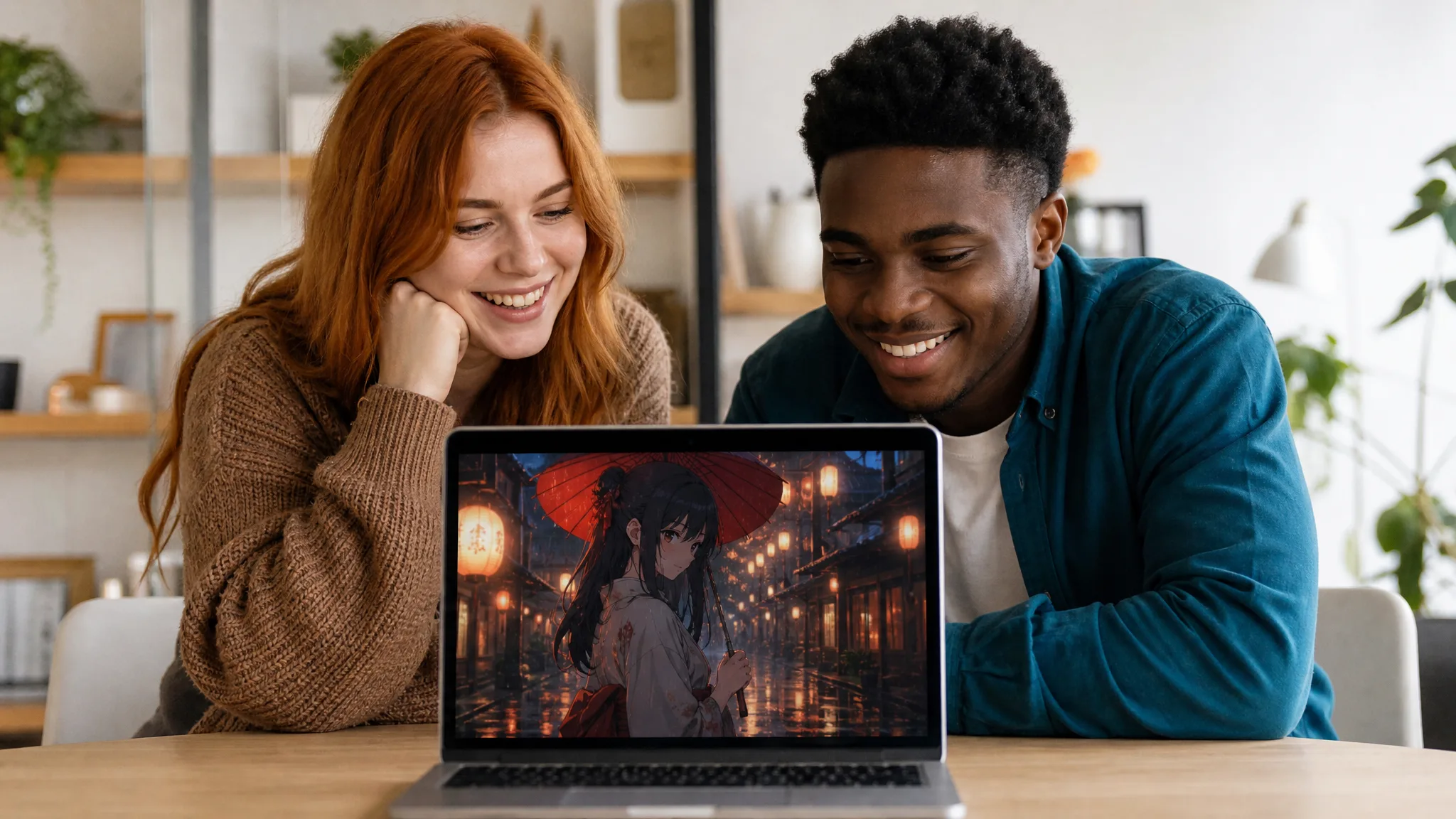 Watching the Anime Clip Together Two friends at a wooden desk smiling at a laptop playing an anime clip of a woman with a red umbrella in rain