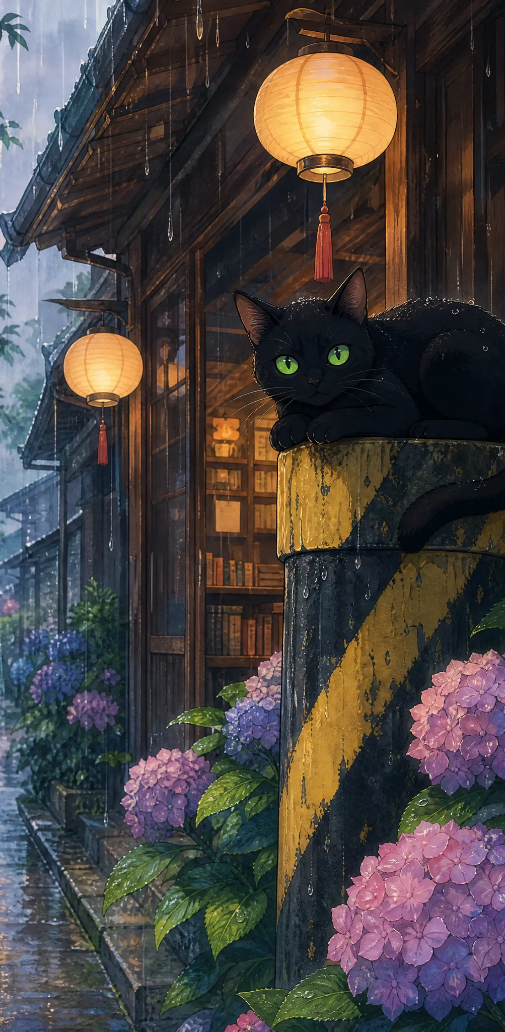 A Detail From the Rainy Street Green-eyed black cat in anime style resting on a striped street pole while rain falls by glowing lanterns