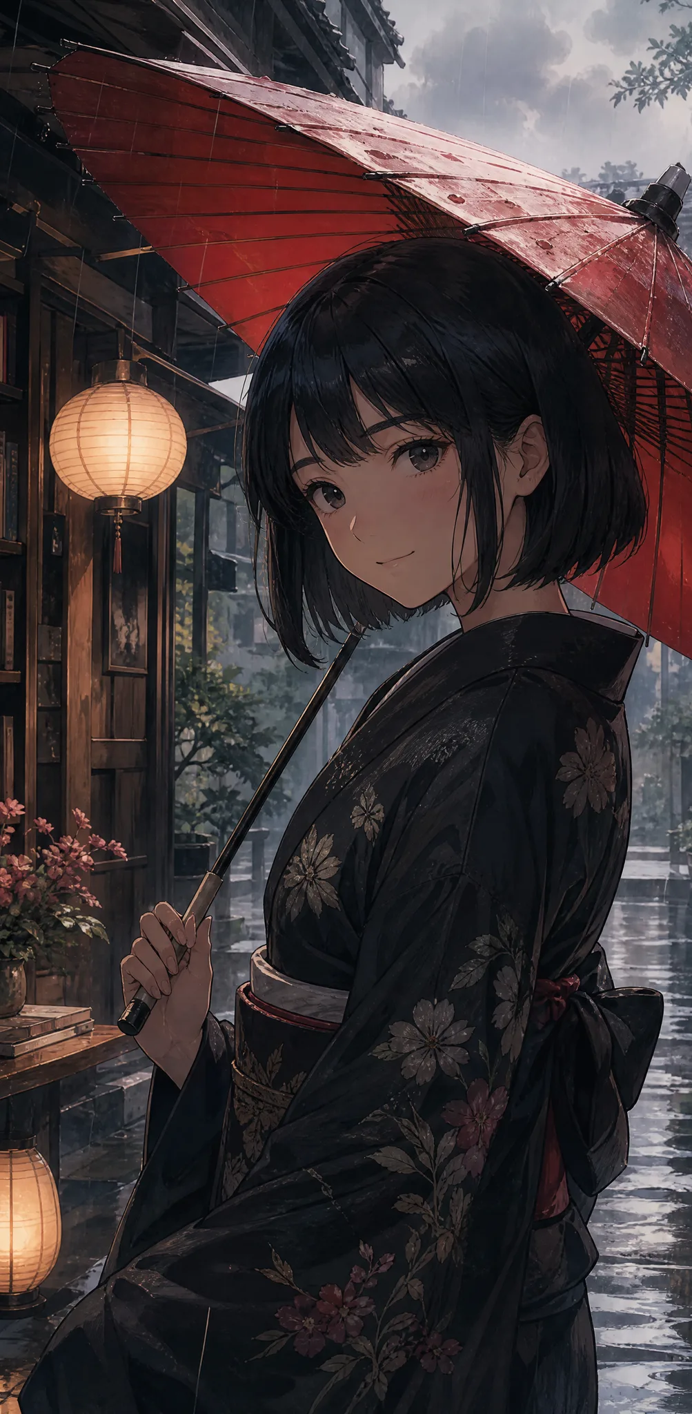 The Portrait Redrawn in Anime Style The same woman drawn as an anime character with a black bob, holding a red paper umbrella in rain by a bookshop