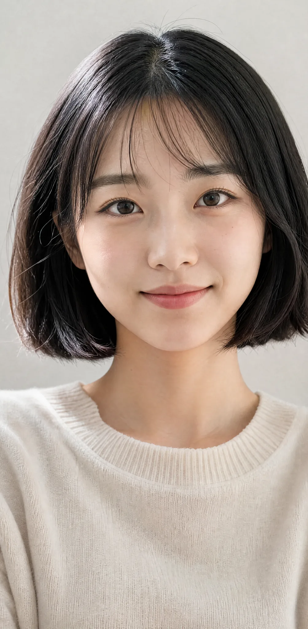 A Clear Portrait to Start From Young woman with a glossy black bob and a gentle smile facing the camera in soft window light