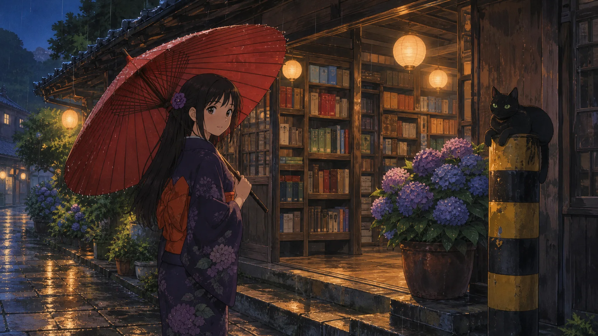 Anime woman in a dark purple kimono with a red umbrella outside a lantern-lit wooden bookshop in evening rain