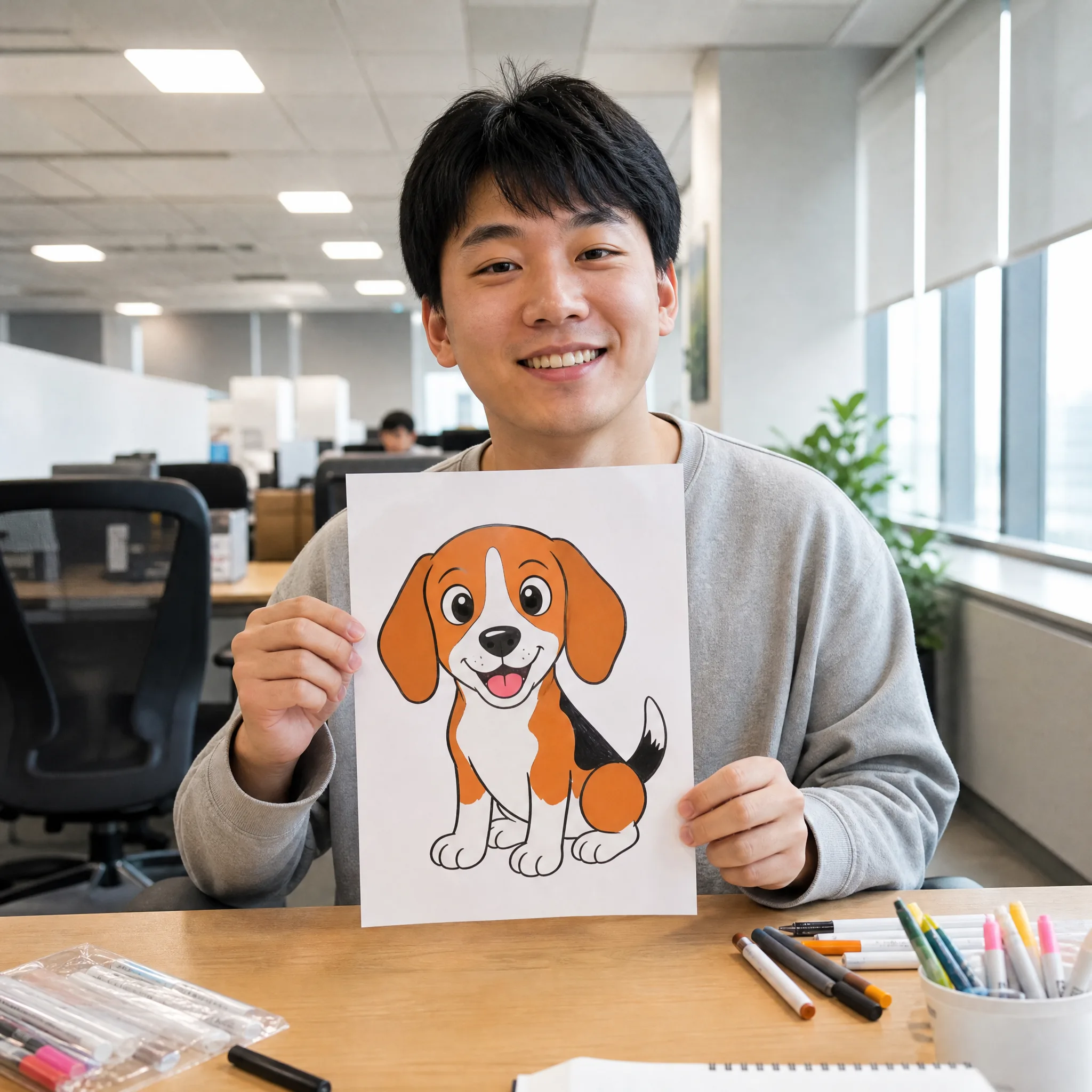 Smiling young man at an office desk holding up a bright cartoon drawing of a happy beagle with bold outlines