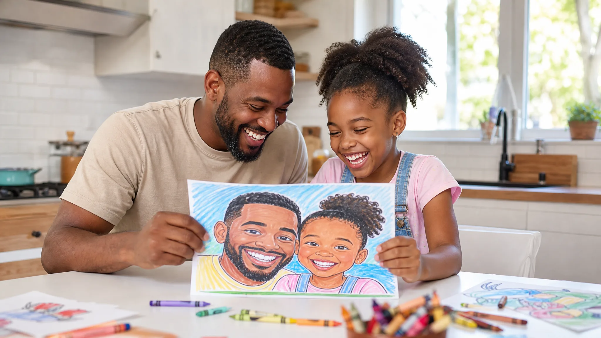 Father and daughter laughing at a kitchen table over a printed bold-outline cartoon portrait of the two of them
