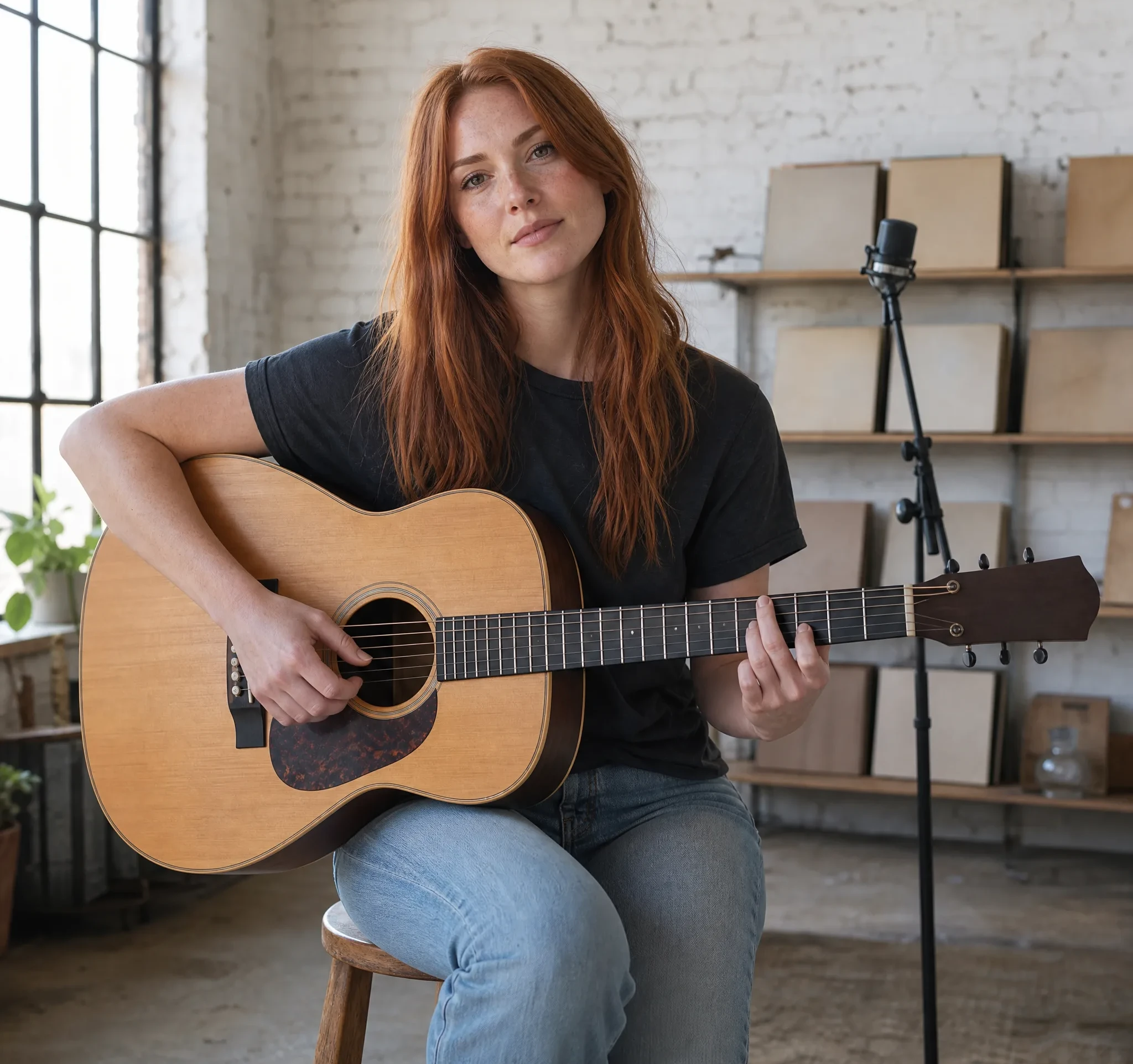 Auburn-haired singer-songwriter strums an acoustic guitar on a wooden stool beside a mic in a white-brick loft