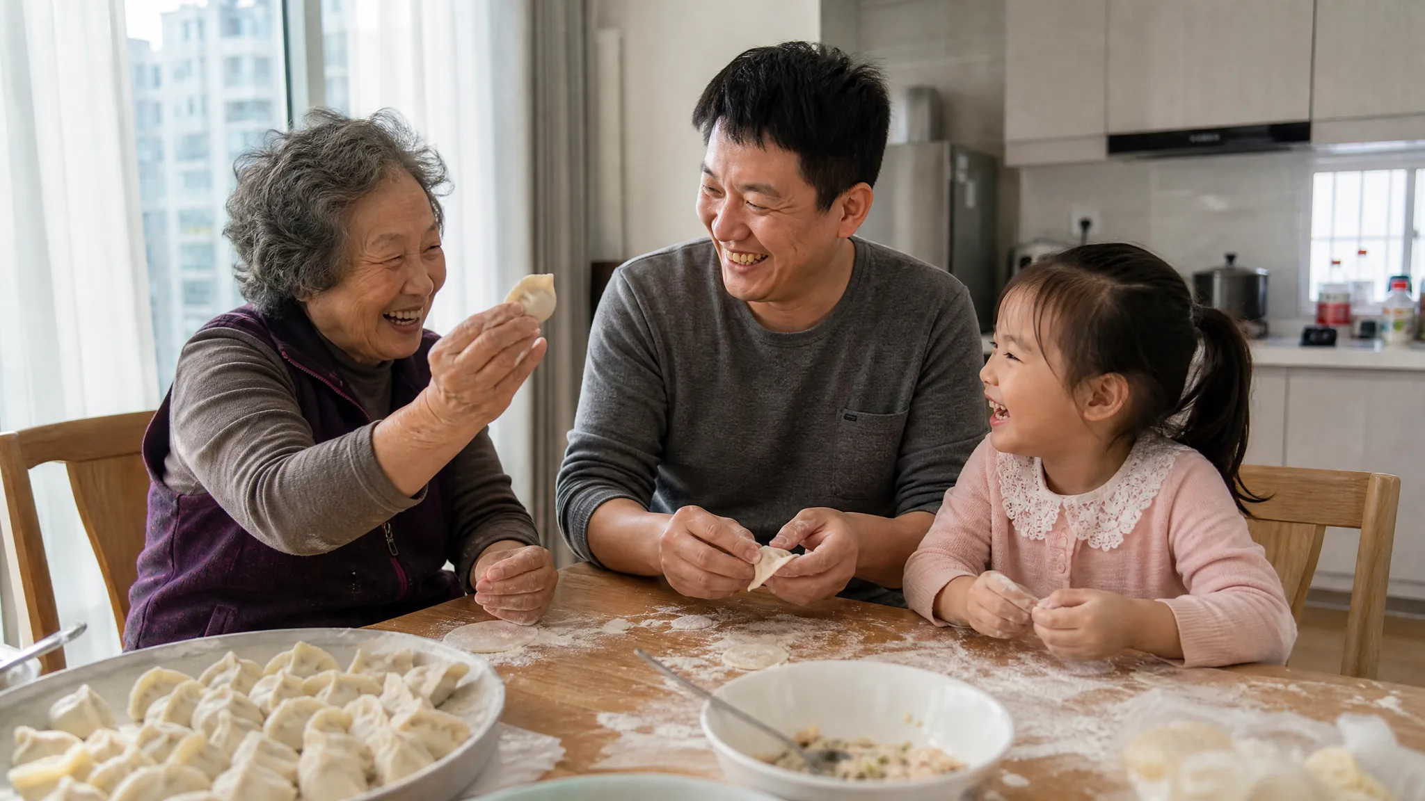 A grandmother, her son and a little girl laugh while folding dumplings at a floury kitchen table