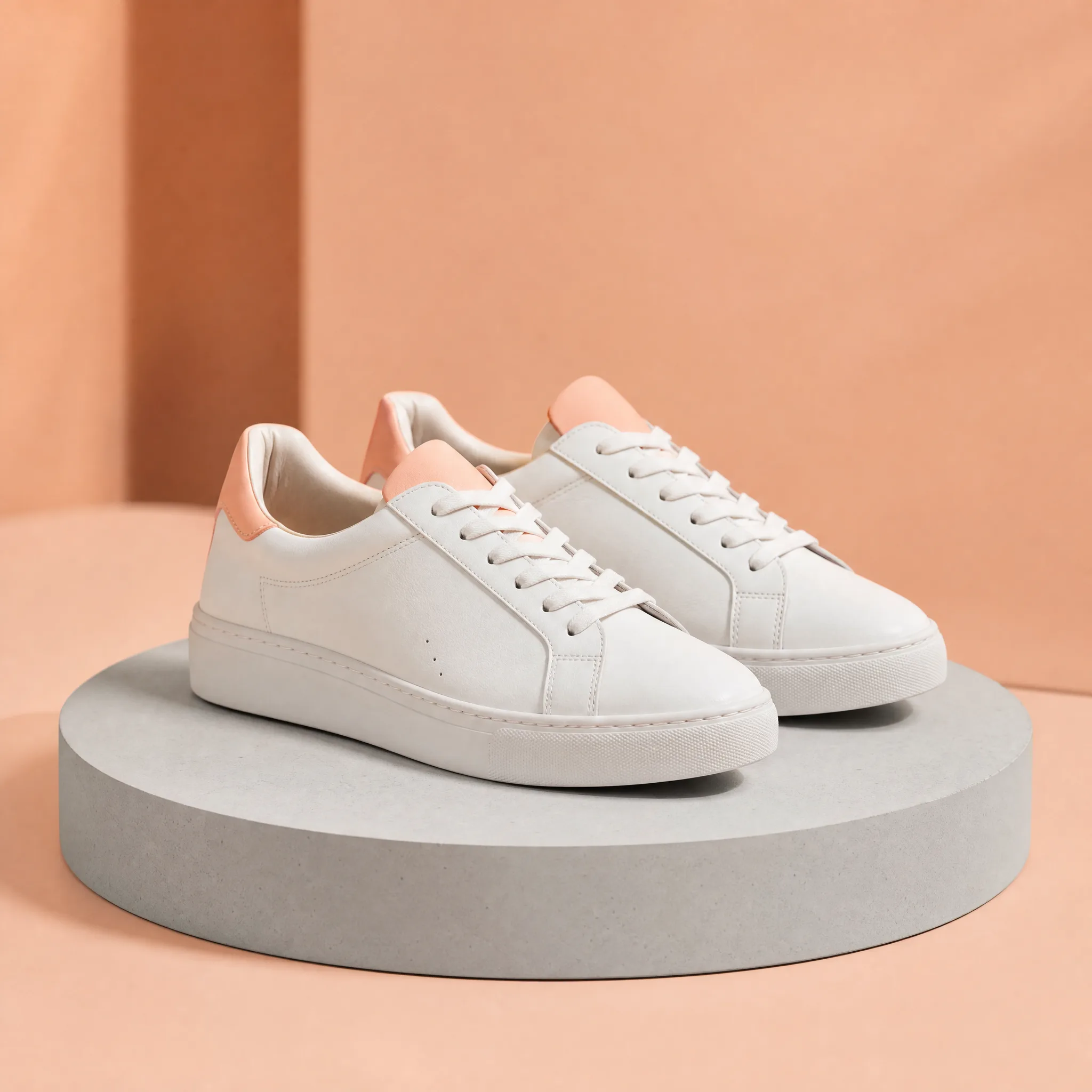 Pair of white leather sneakers with peach heel tabs on a grey plinth against a soft peach studio backdrop