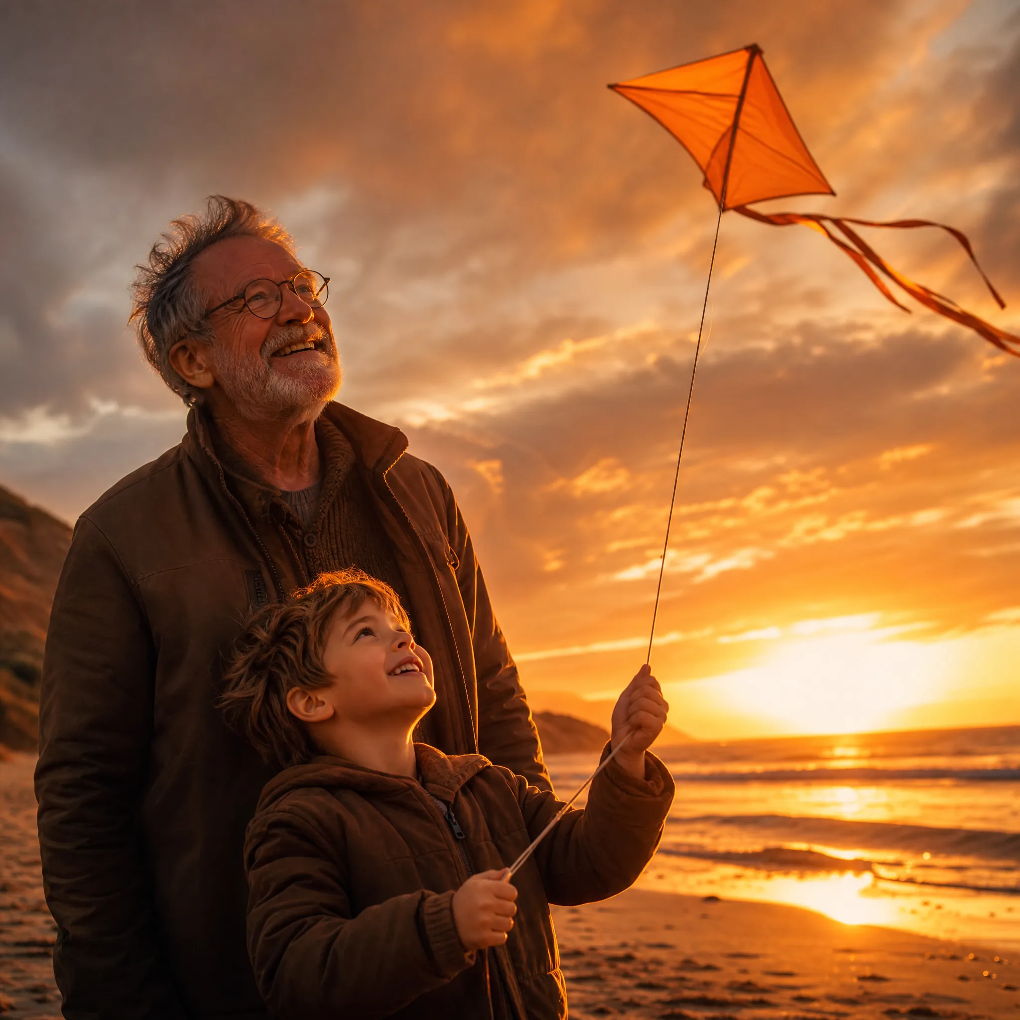 Grandfather and grandson flying an orange kite together on a breezy beach at sunset