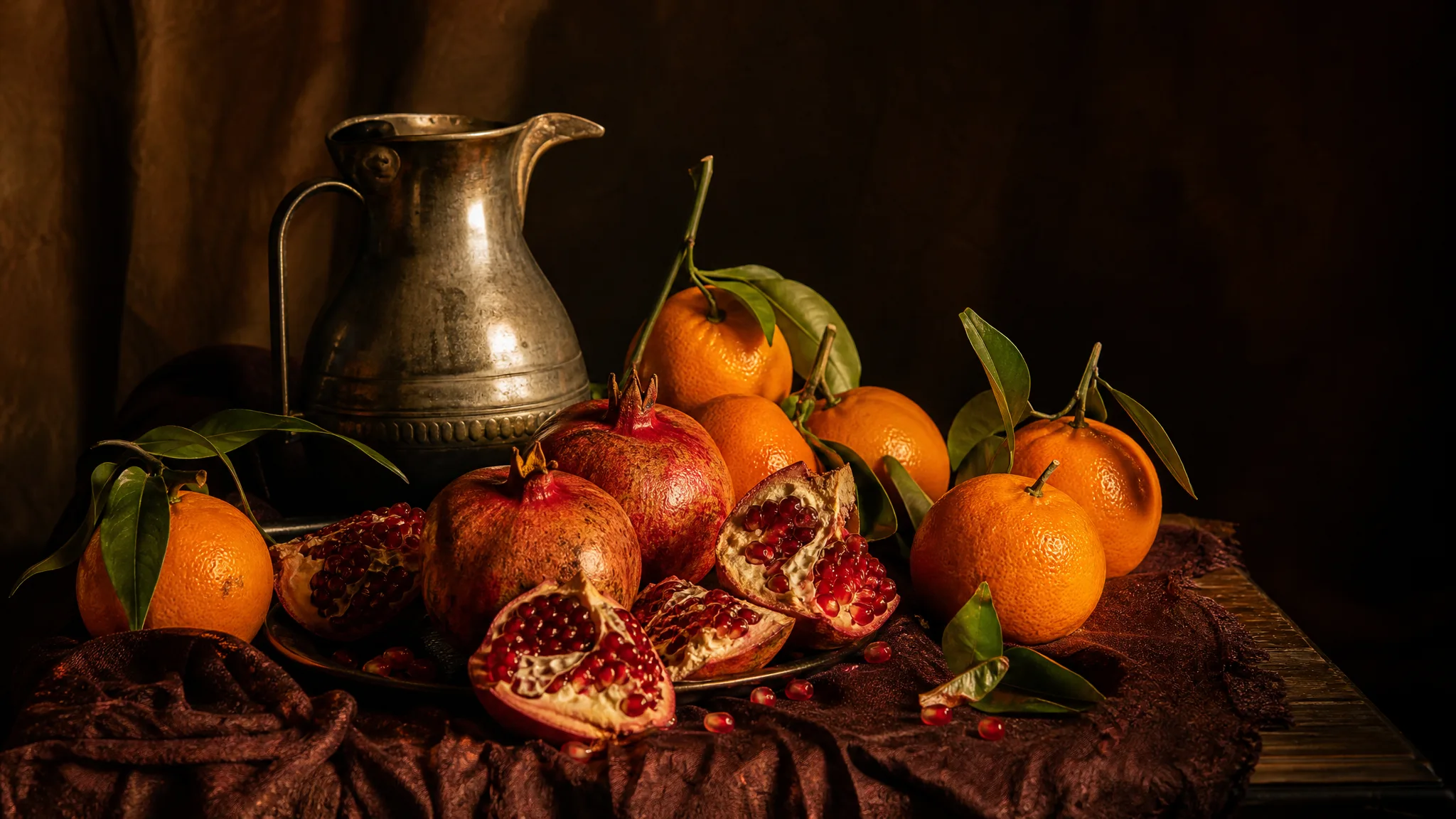 Qwen Image 2.1: Fruit Repainted Oranges, halved pomegranates and a pewter jug in the dramatic light of an old master still life