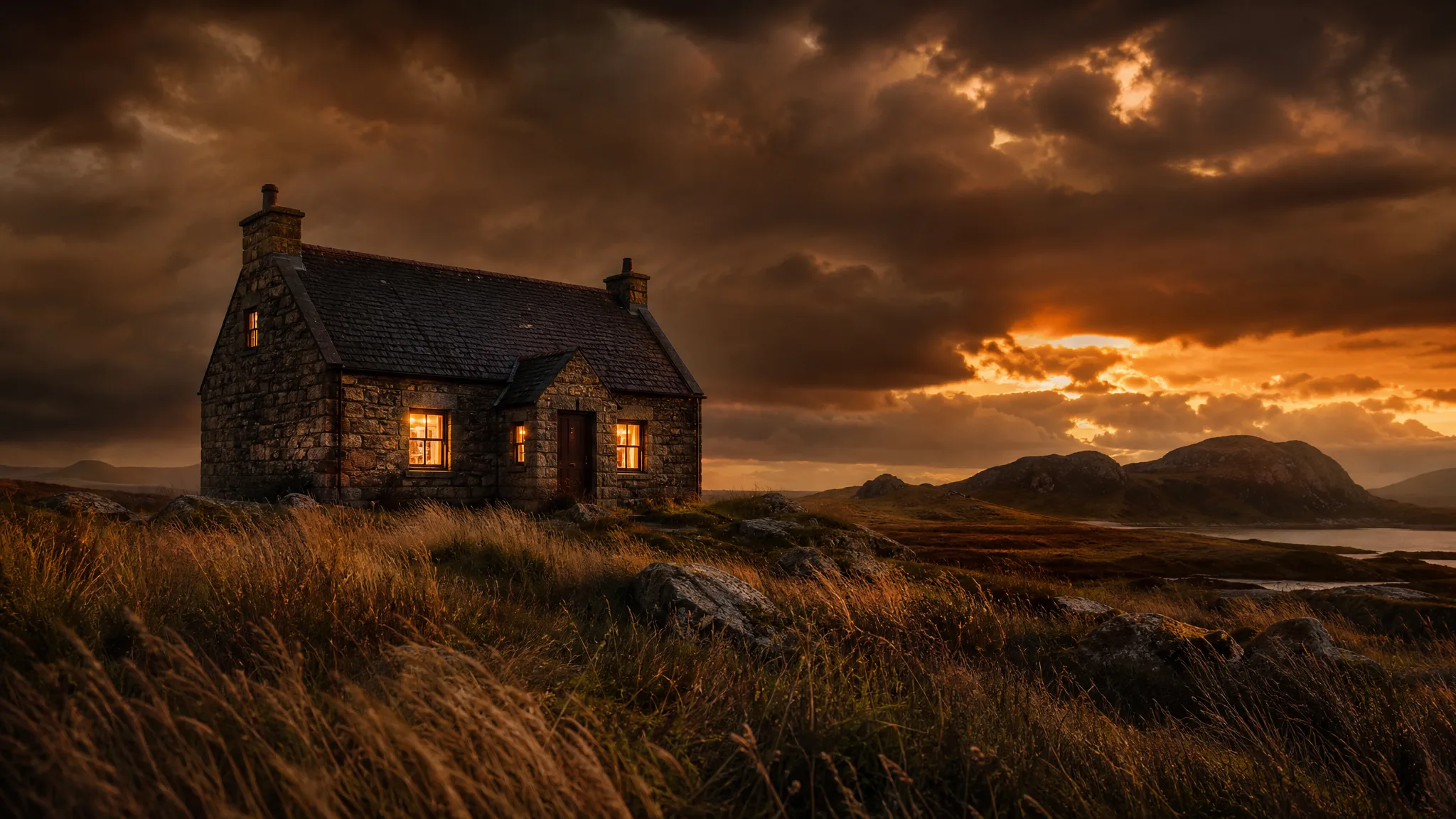 Qwen Image 2.1: Same House, Stormier Sky Stone cottage with lit windows in a wind-blown meadow beneath a stormy amber sky