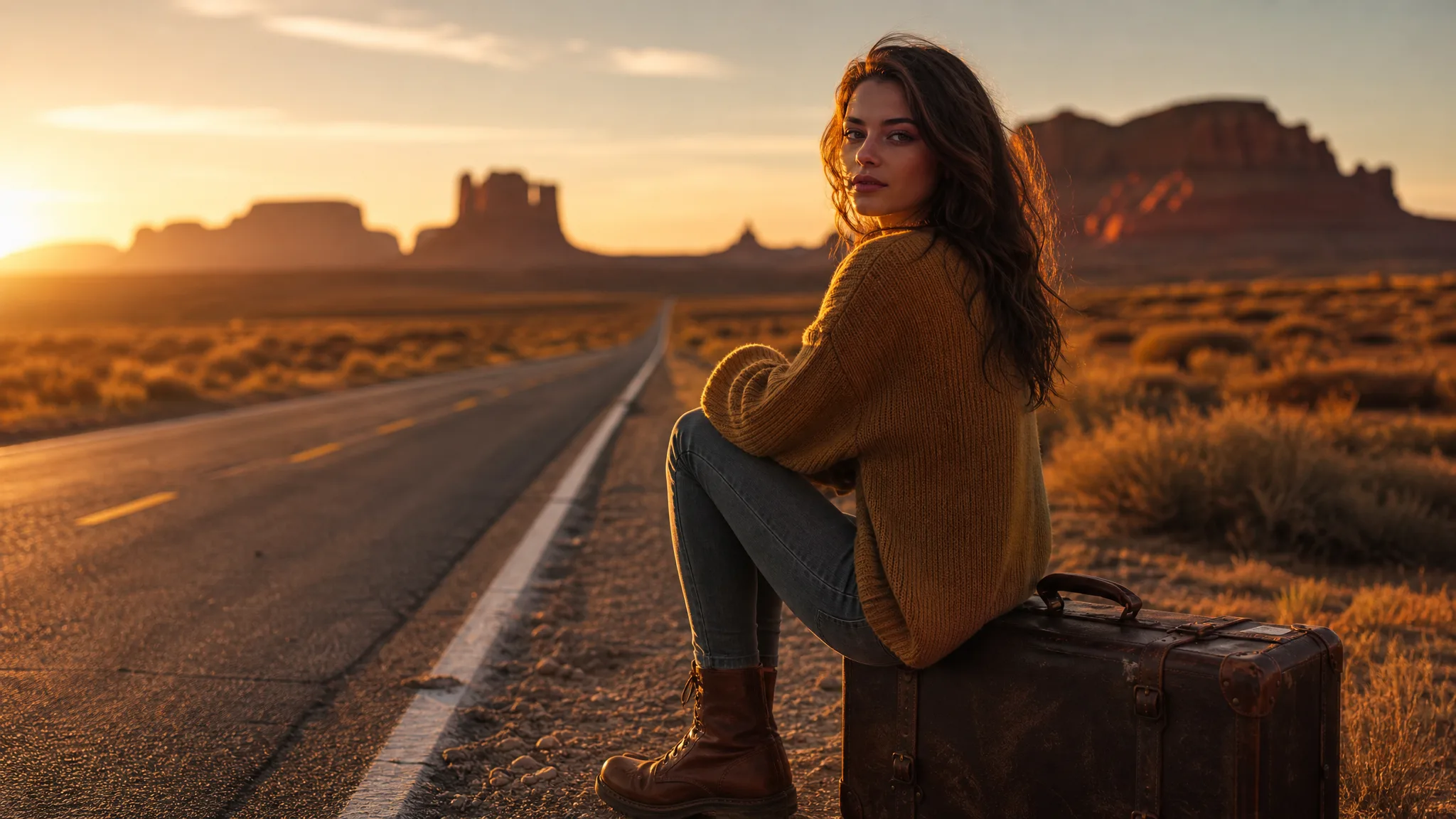 Qwen Image 2.1: Subject in a New Place Young woman in a mustard sweater perched on an old suitcase next to an empty desert road