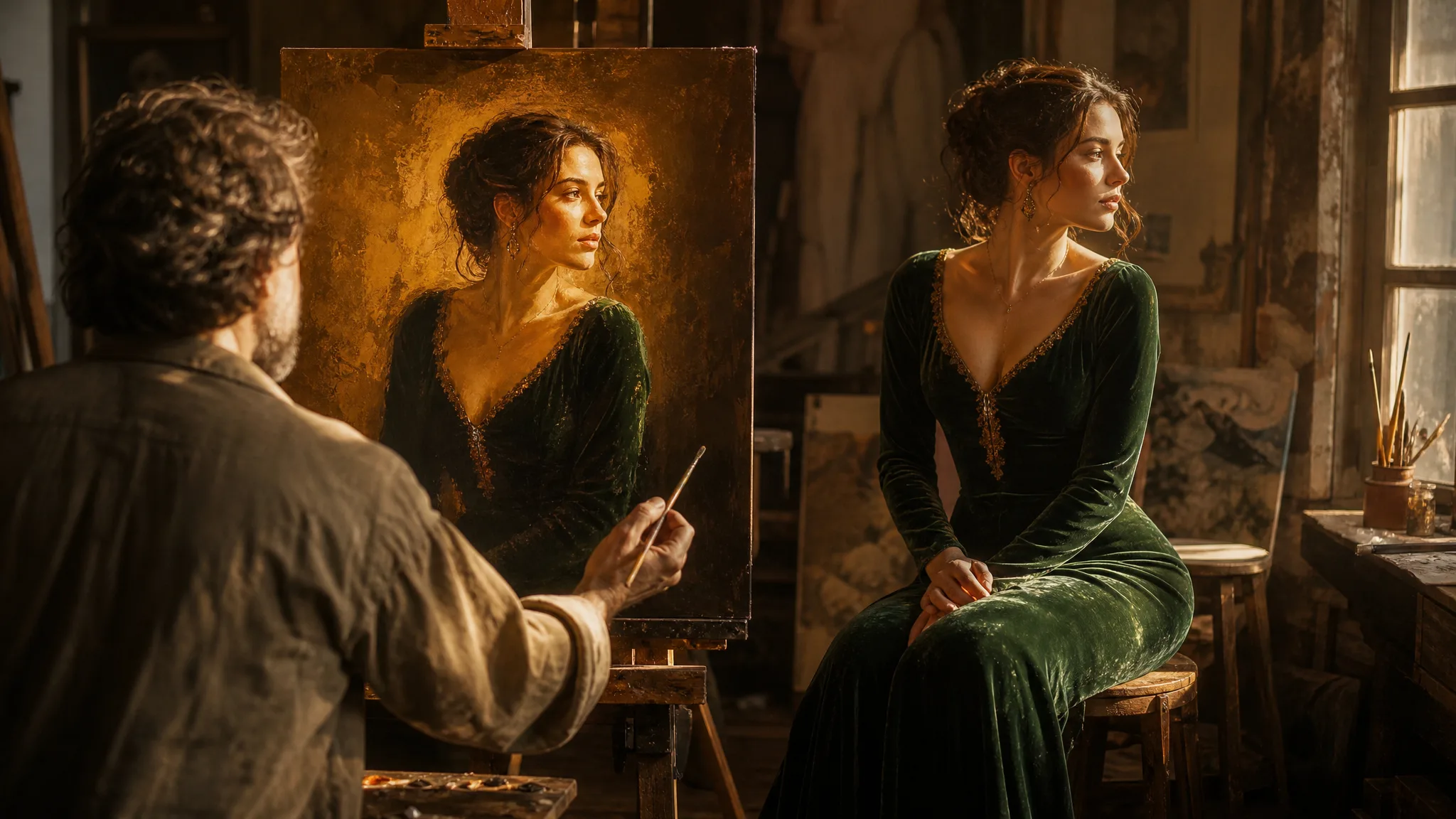 Painter at work on a golden-toned canvas of a seated woman wearing a green dress