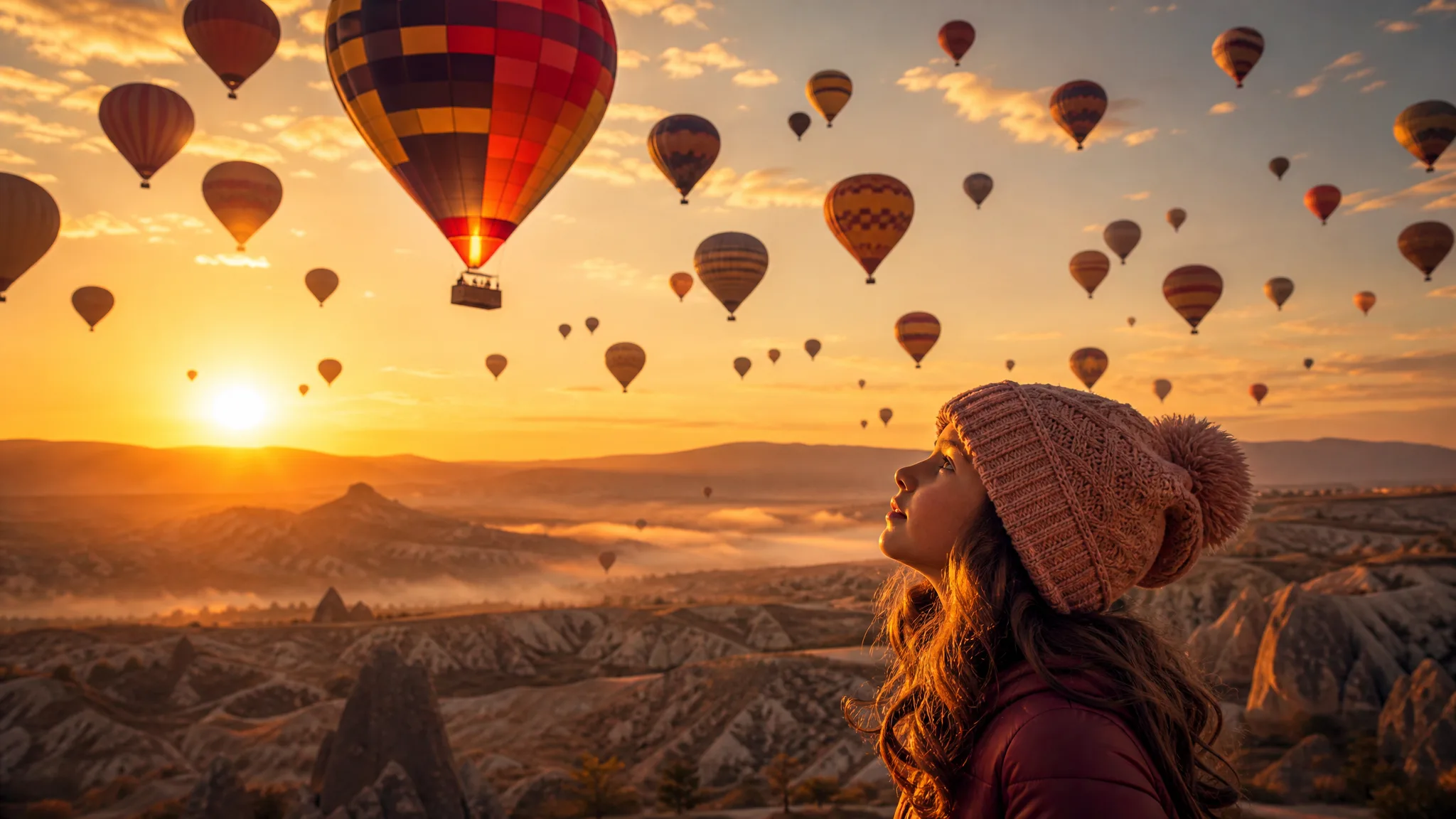 Girl gazing up at dozens of hot-air balloons lifting over a misty valley at sunrise
