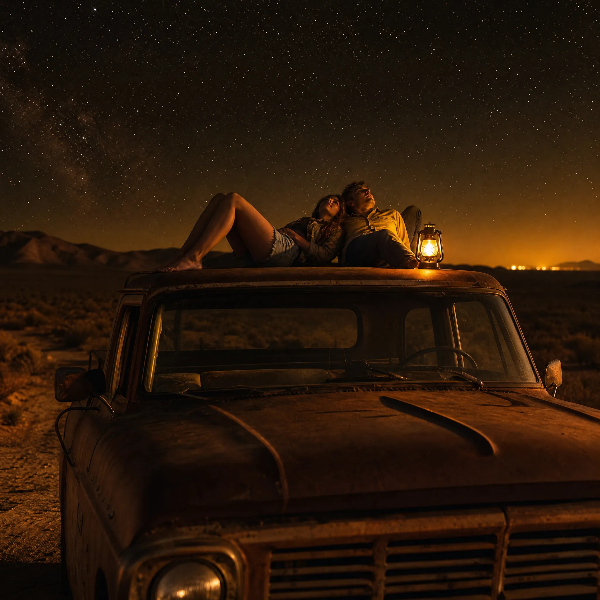 Couple lying on the roof of a pickup under a starry desert sky next to a glowing lantern