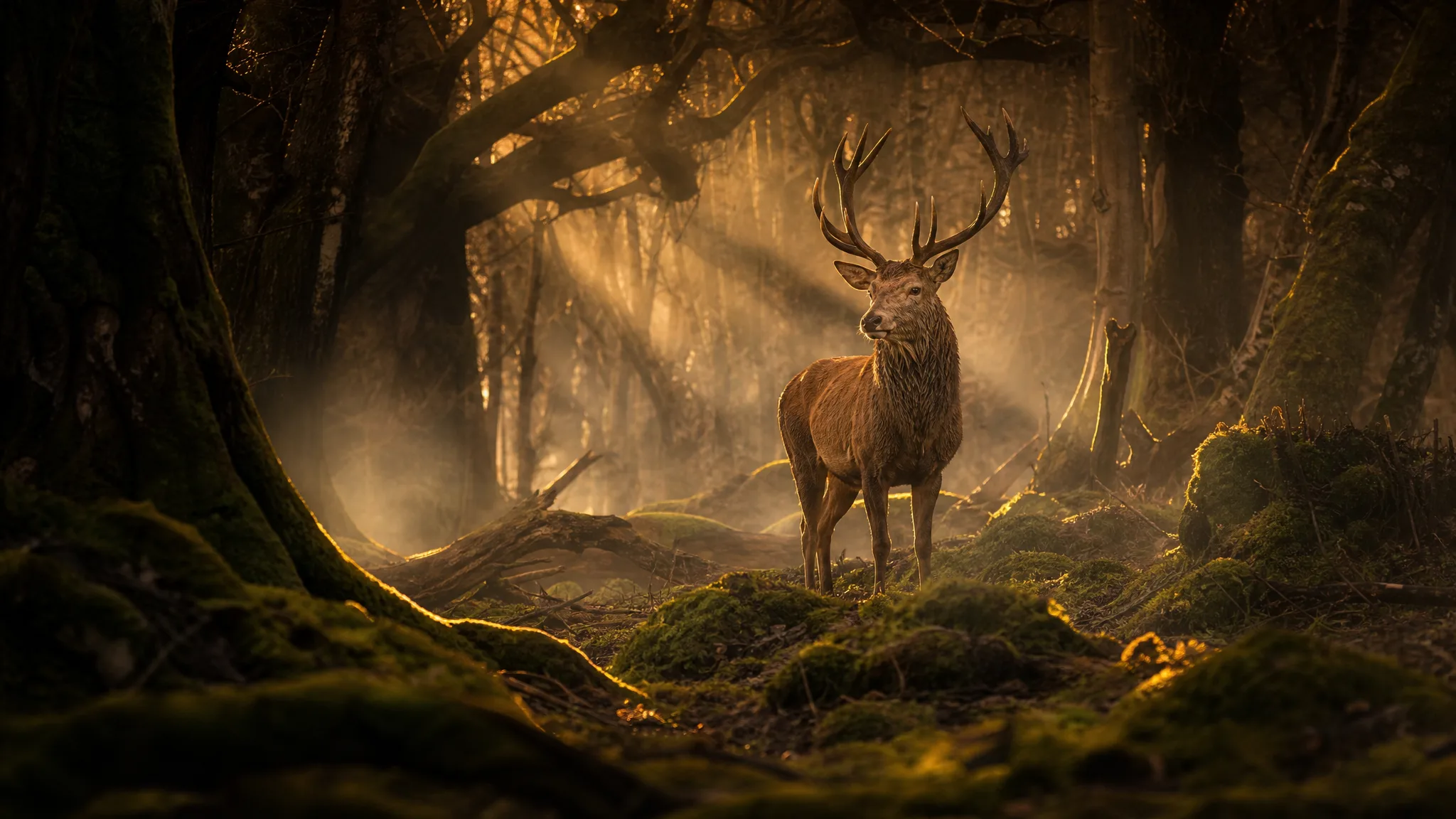 Qwen Image 3: Stag in Golden Fog Red deer stag standing in a misty forest crossed by beams of golden light