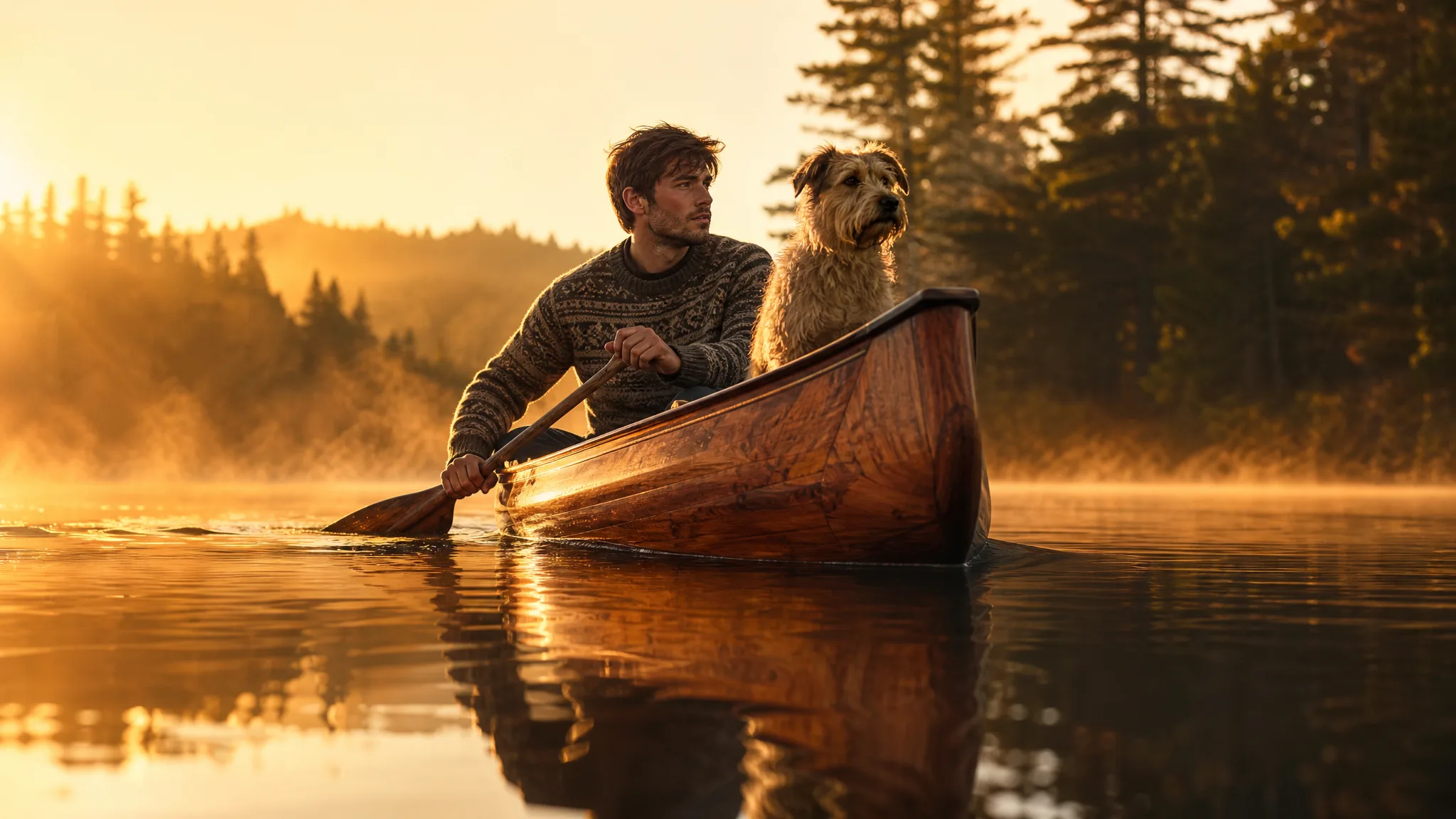 Qwen Image 3: Canoe Trip with a Terrier Water-level view of a young man paddling a wooden canoe with his terrier across a misty lake at dawn