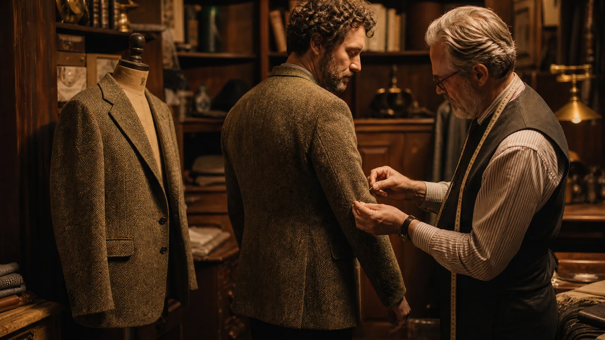 Qwen Image 3: New Jacket from a Reference Tailor pinning a tweed jacket on a client, an older jacket on a dress form as the reference
