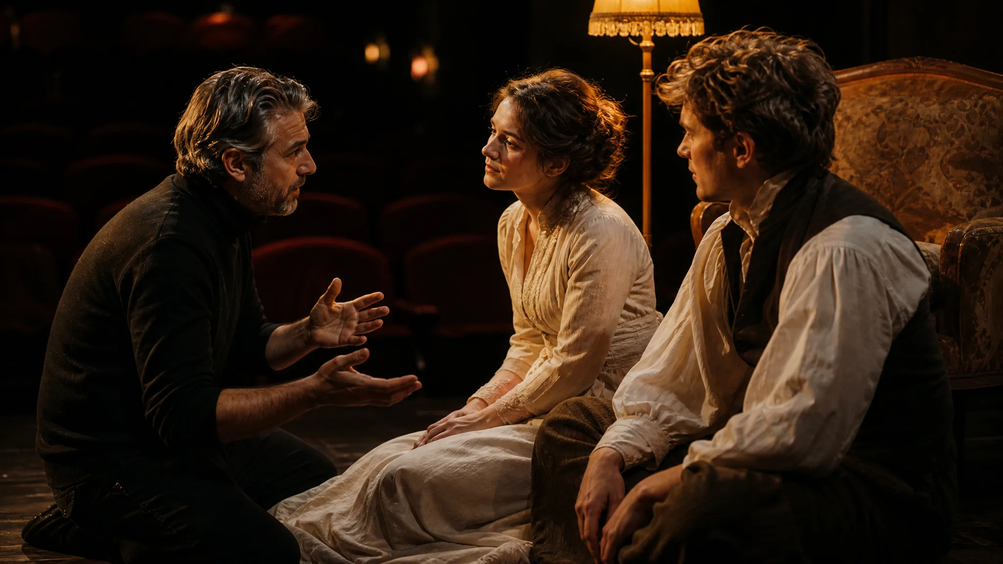 Qwen Image 3: Directing a Rehearsal Theatre director guiding two actors in costume on a stage lit by lamps