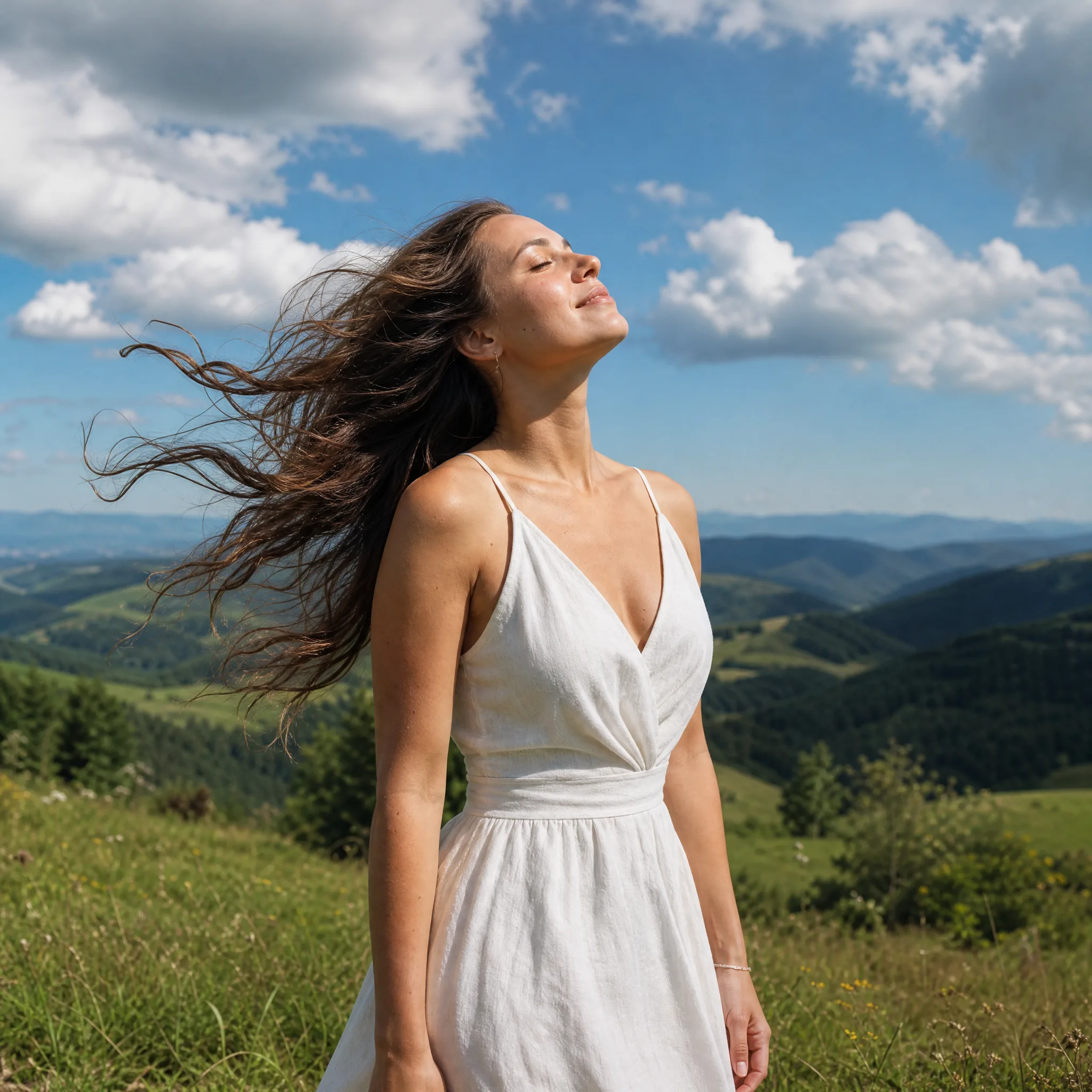 Woman in a white linen dress on a grassy hilltop on a breezy day, eyes closed and hair blowing under a blue sky