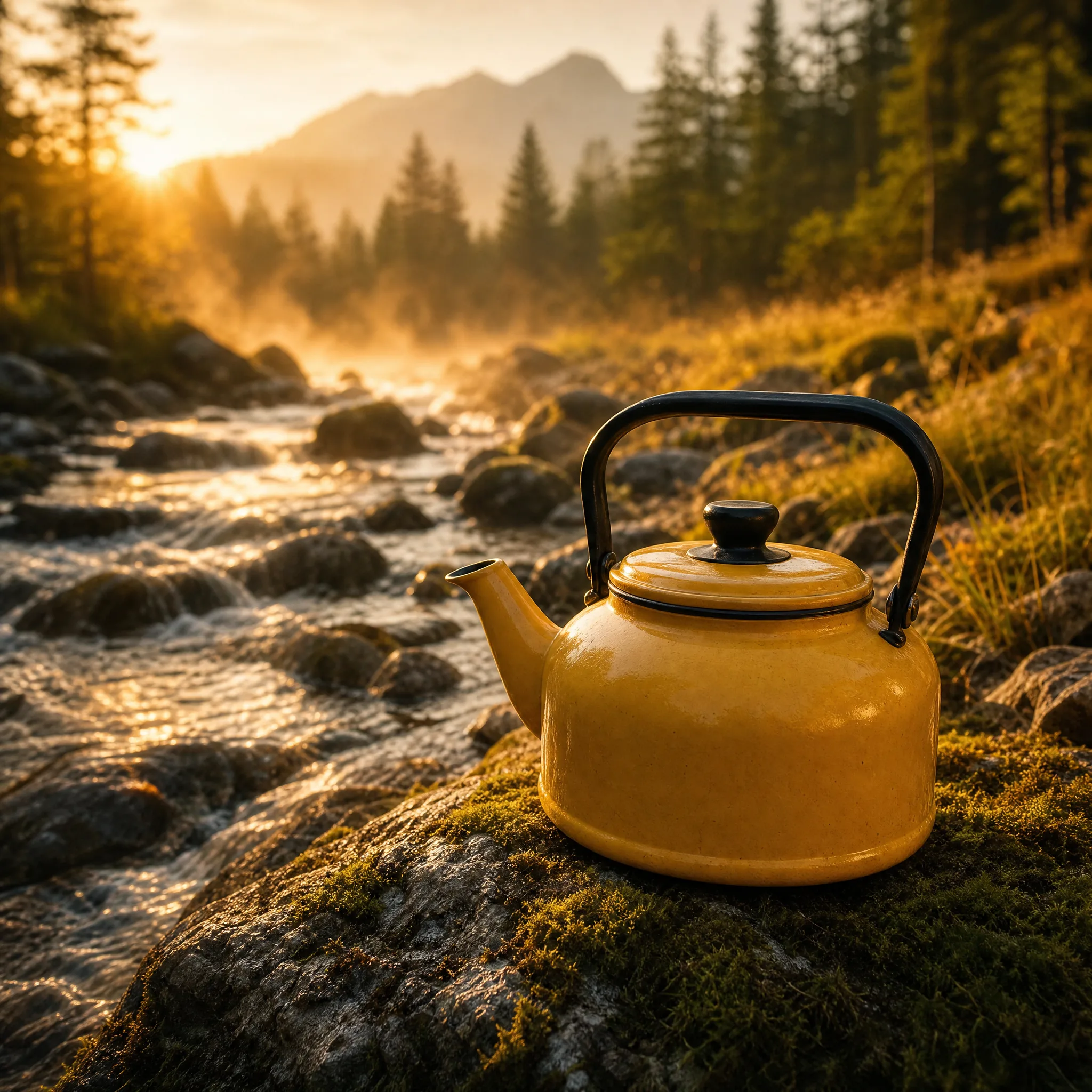 Mustard-yellow enamel camping kettle on a mossy rock beside a clear mountain stream at sunrise