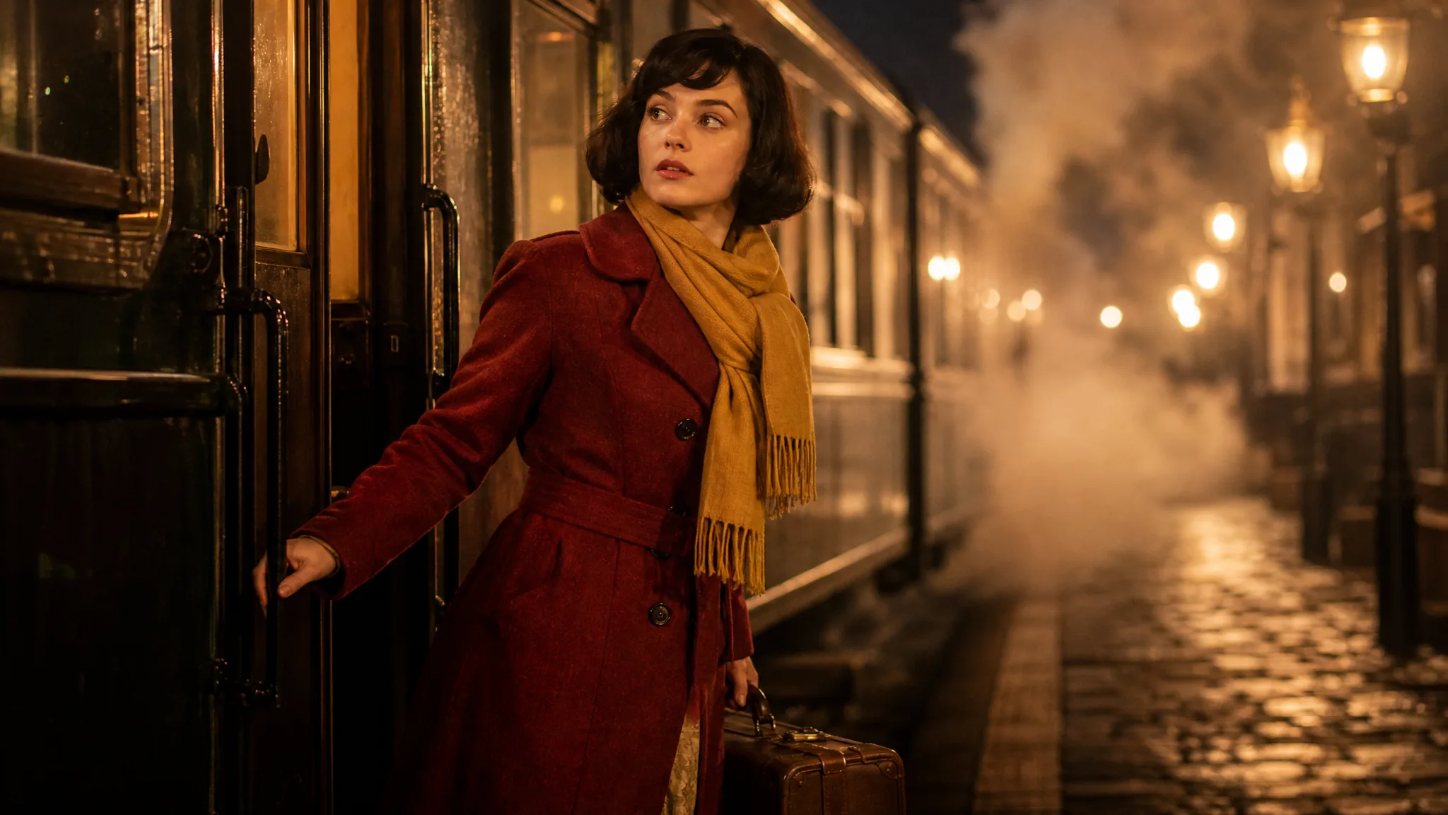Traveller with a black bob in a red wool coat and mustard scarf stepping off a train onto a lantern-lit night platform