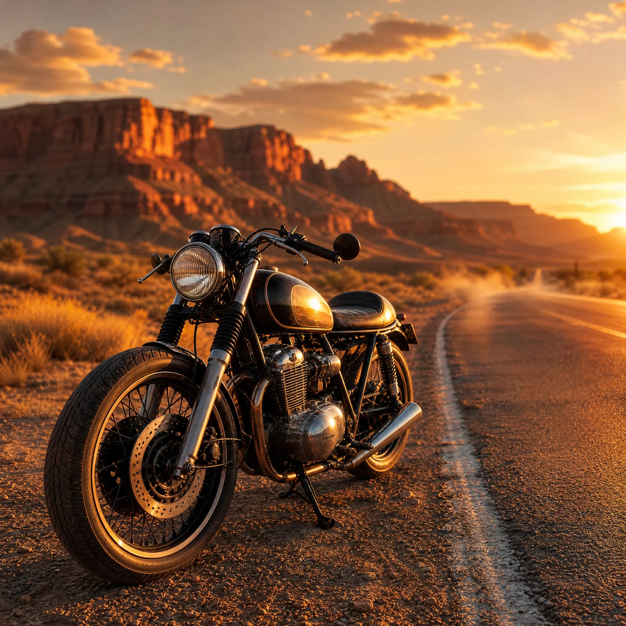 Café-racer motorcycle resting on the shoulder of an empty desert highway as sunset lights red mesas and drifting dust