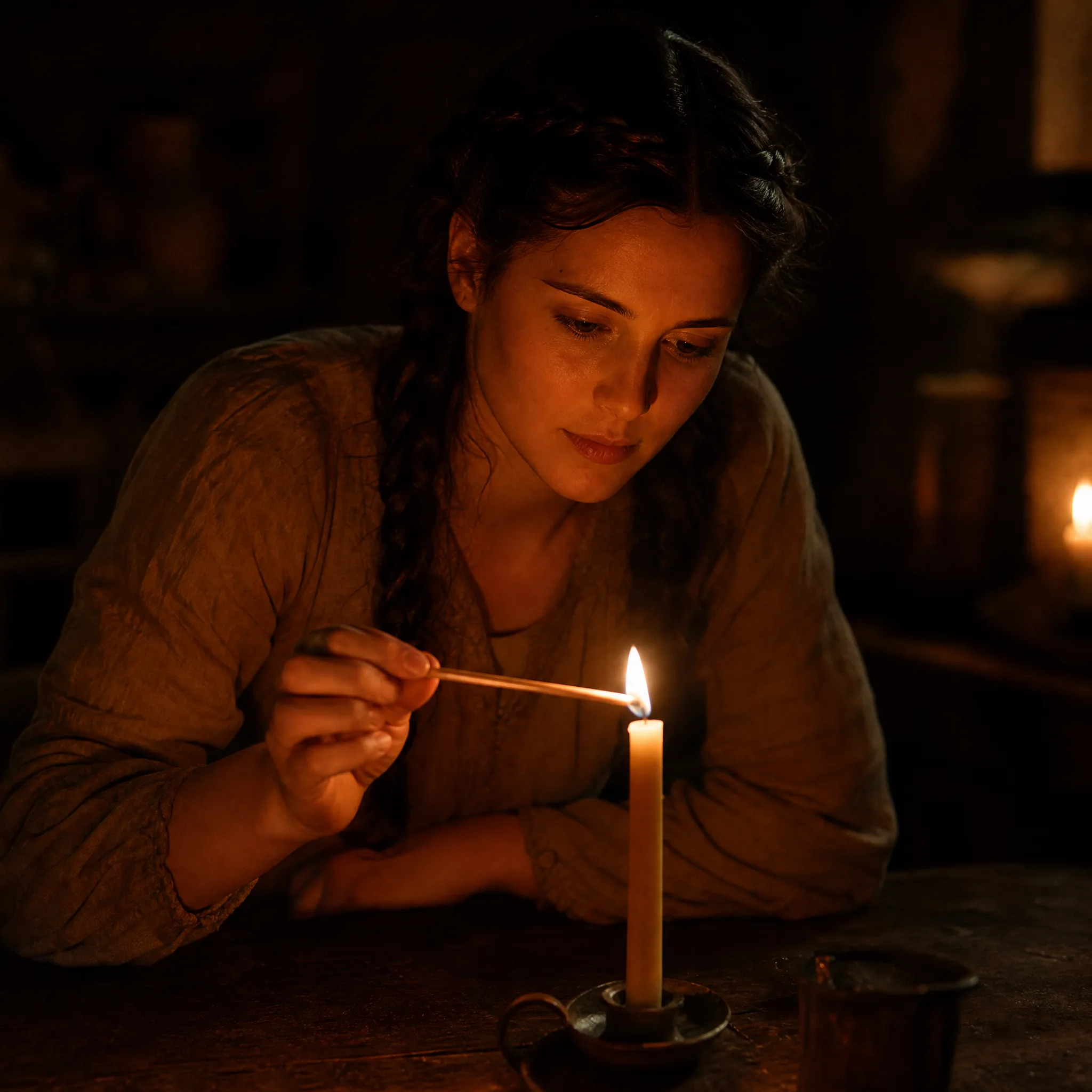 Woman with a dark braid striking a long match to light one candle on a dark wooden table