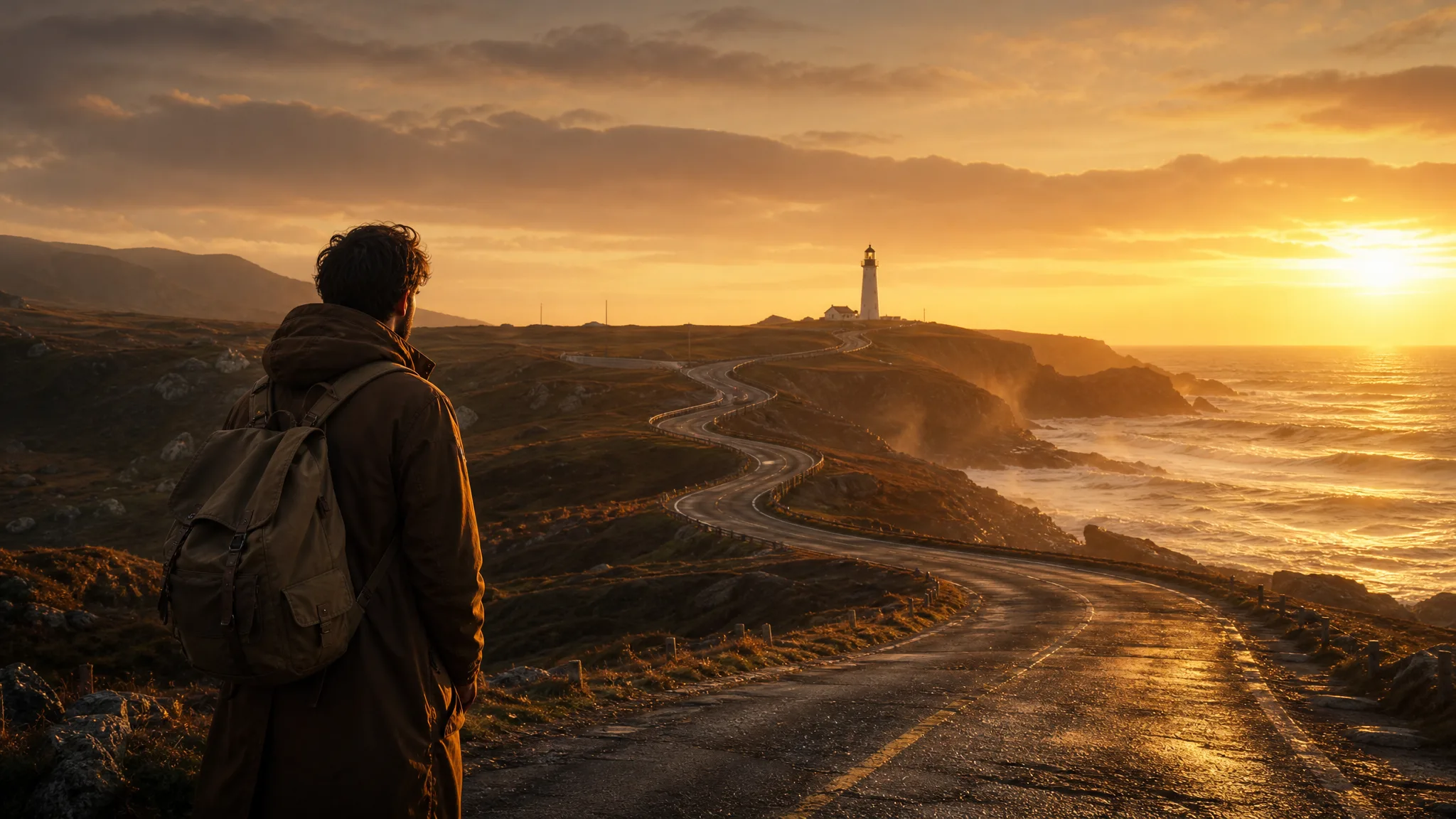 Backpacker at the foot of a coastal road that winds toward a lighthouse on a far headland at sunrise