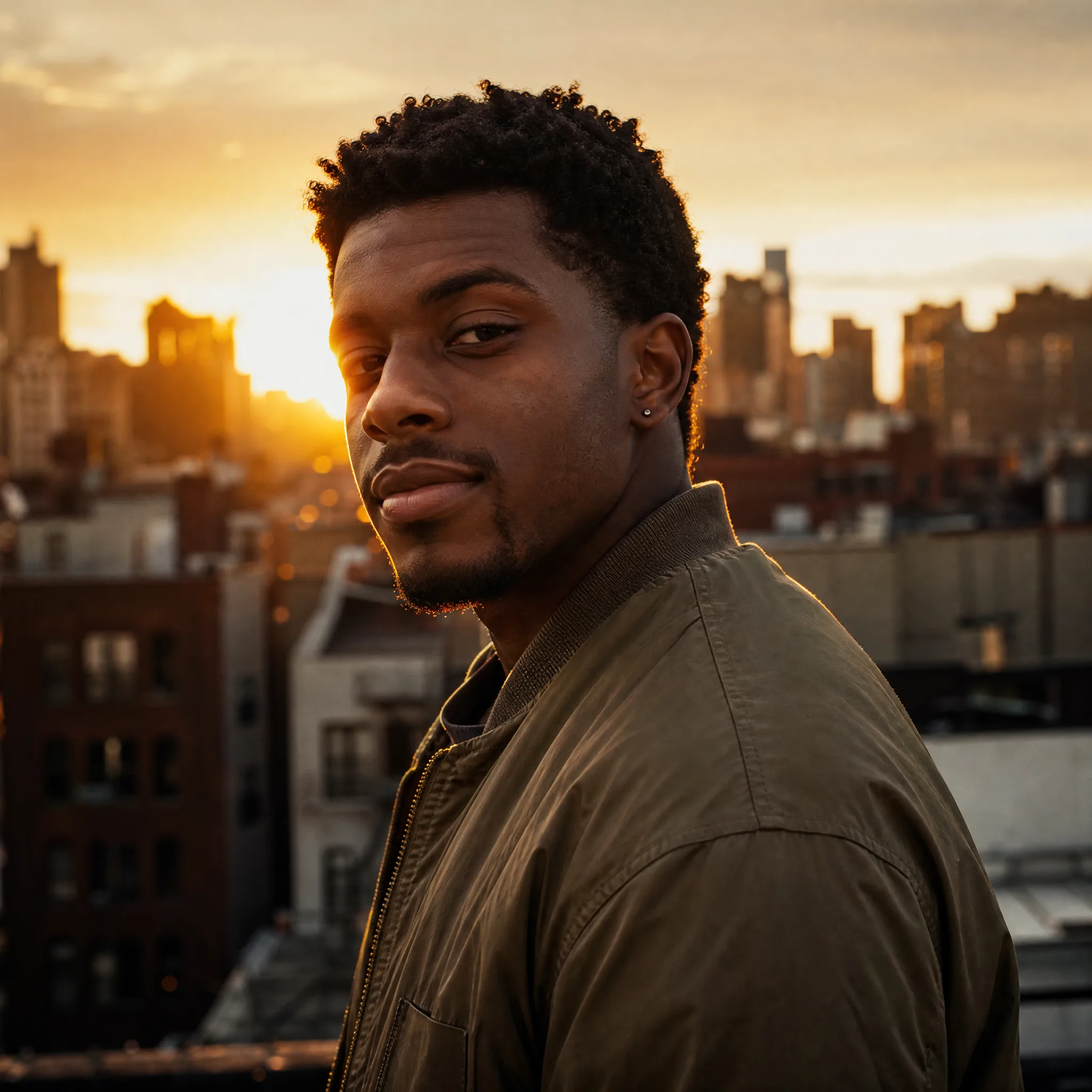 Young man in an olive bomber jacket looking back over his shoulder on a rooftop as the sun sets over the city