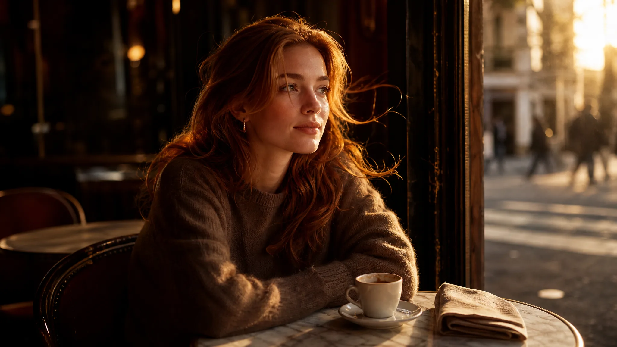 Seedance Image to Video: Cafe Window Portrait Auburn-haired young woman at a cafe window table turning her gaze toward soft morning sunlight