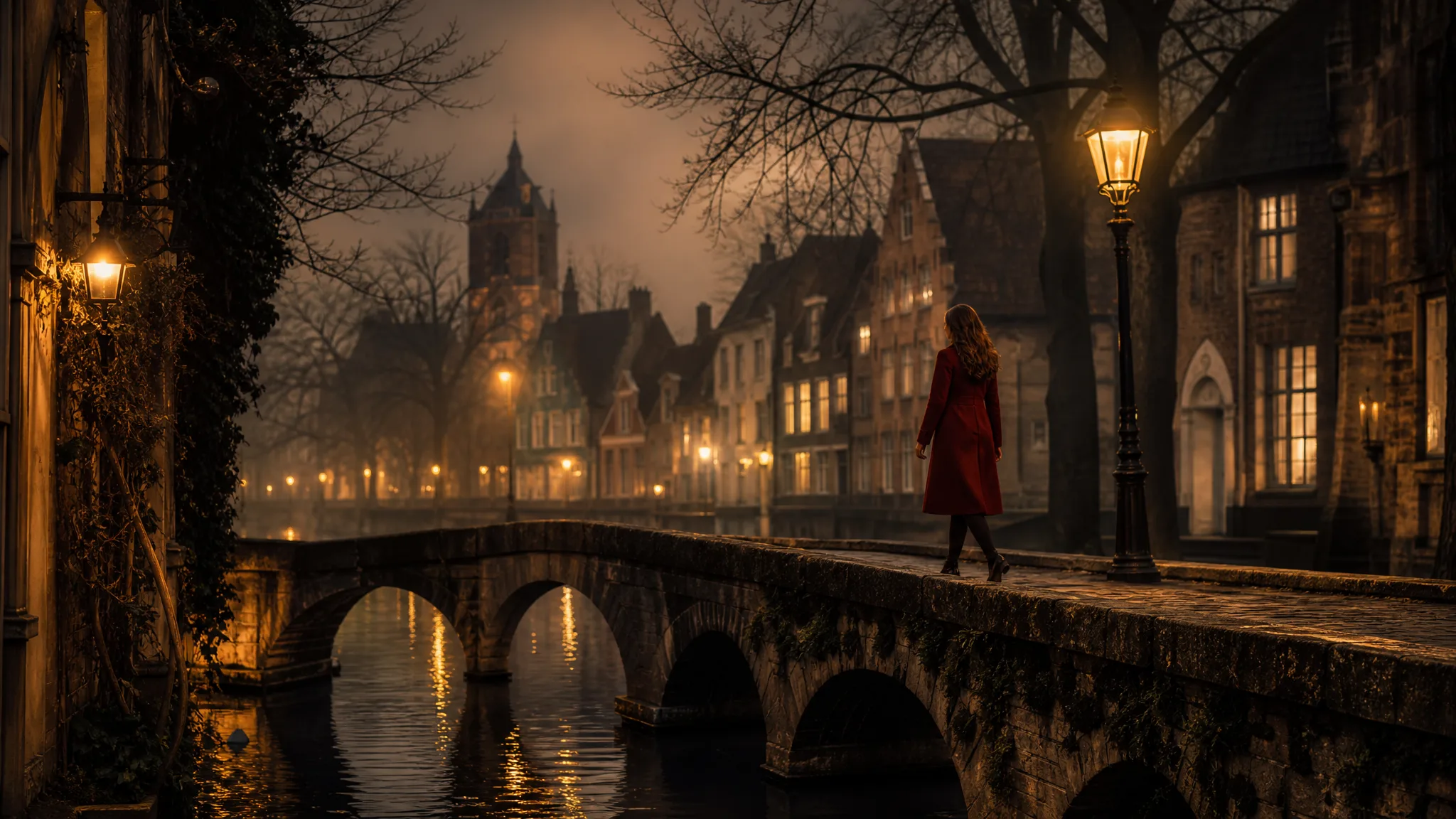 Woman in a red coat walking over a stone canal bridge in a lamplit old town on a misty evening