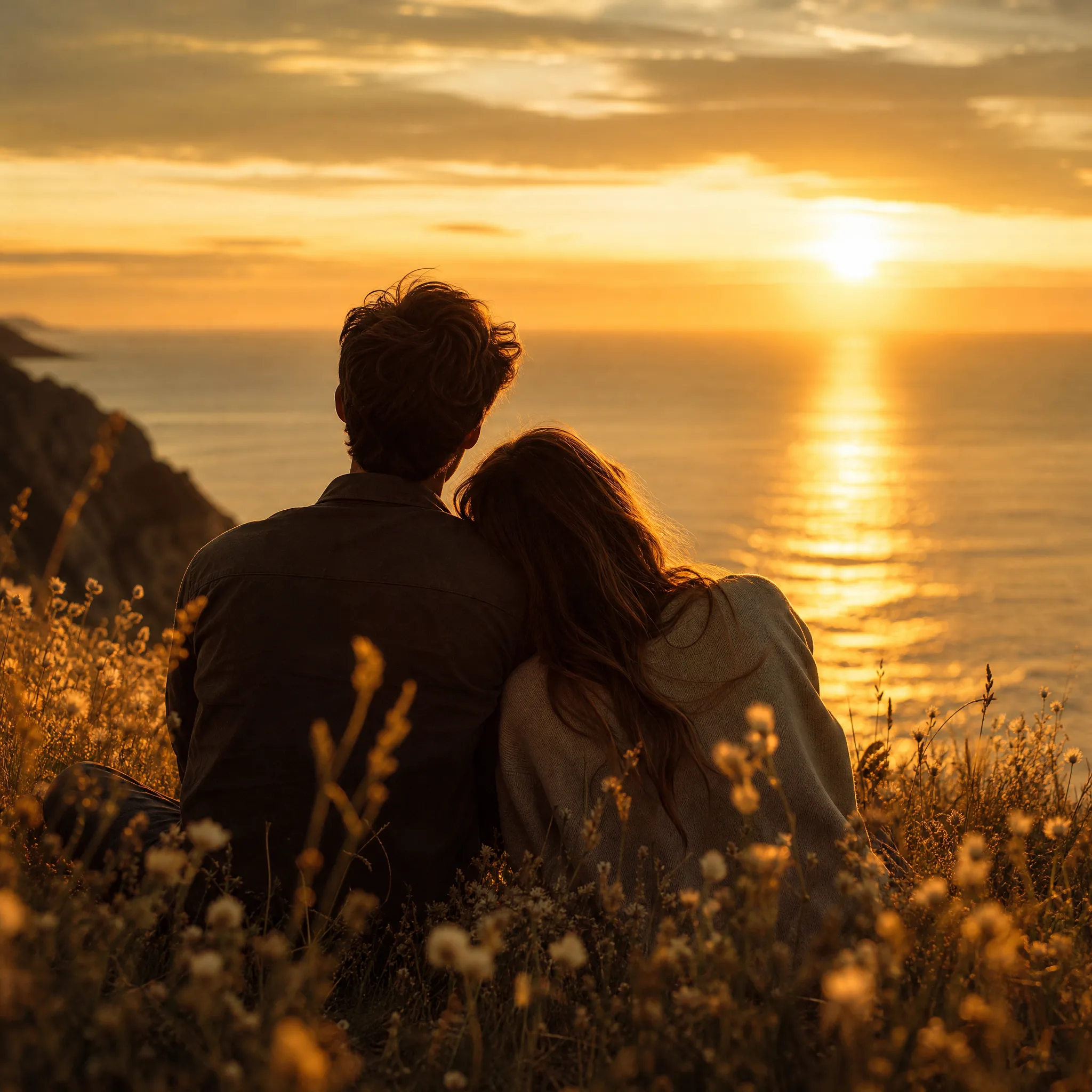 Two people on a grassy clifftop, backs to the camera, facing a golden sunrise over the ocean