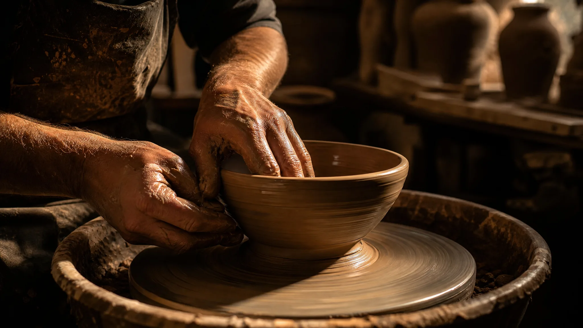 Seedream 5: Window Light on Wet Clay Close view of hands forming a shiny wet clay bowl on a potter's wheel under one beam of window light