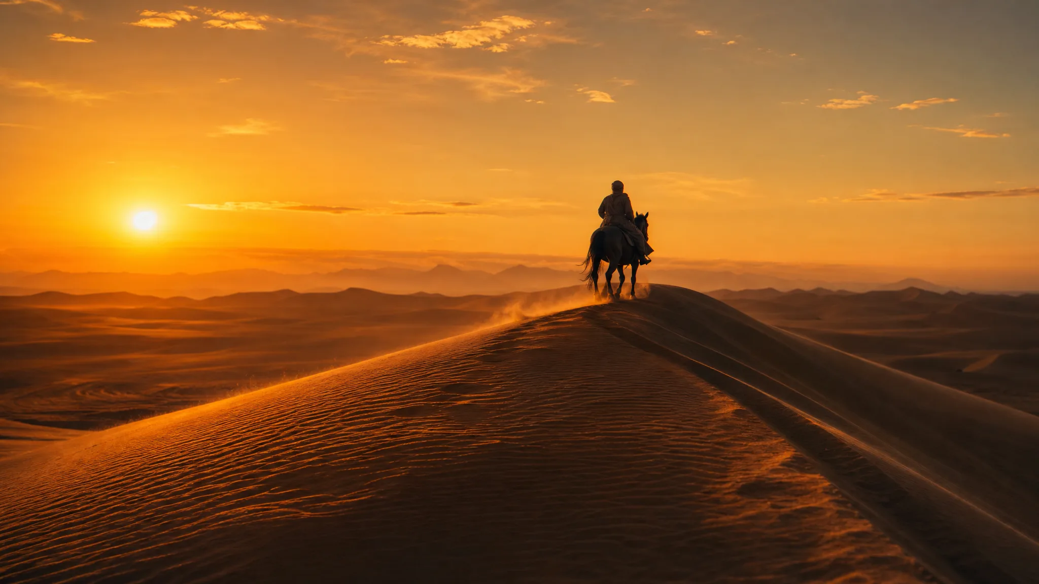 Seedream 5: A Film-Still Wide Shot Wide cinematic shot of a single horse rider topping a sand dune against the setting sun