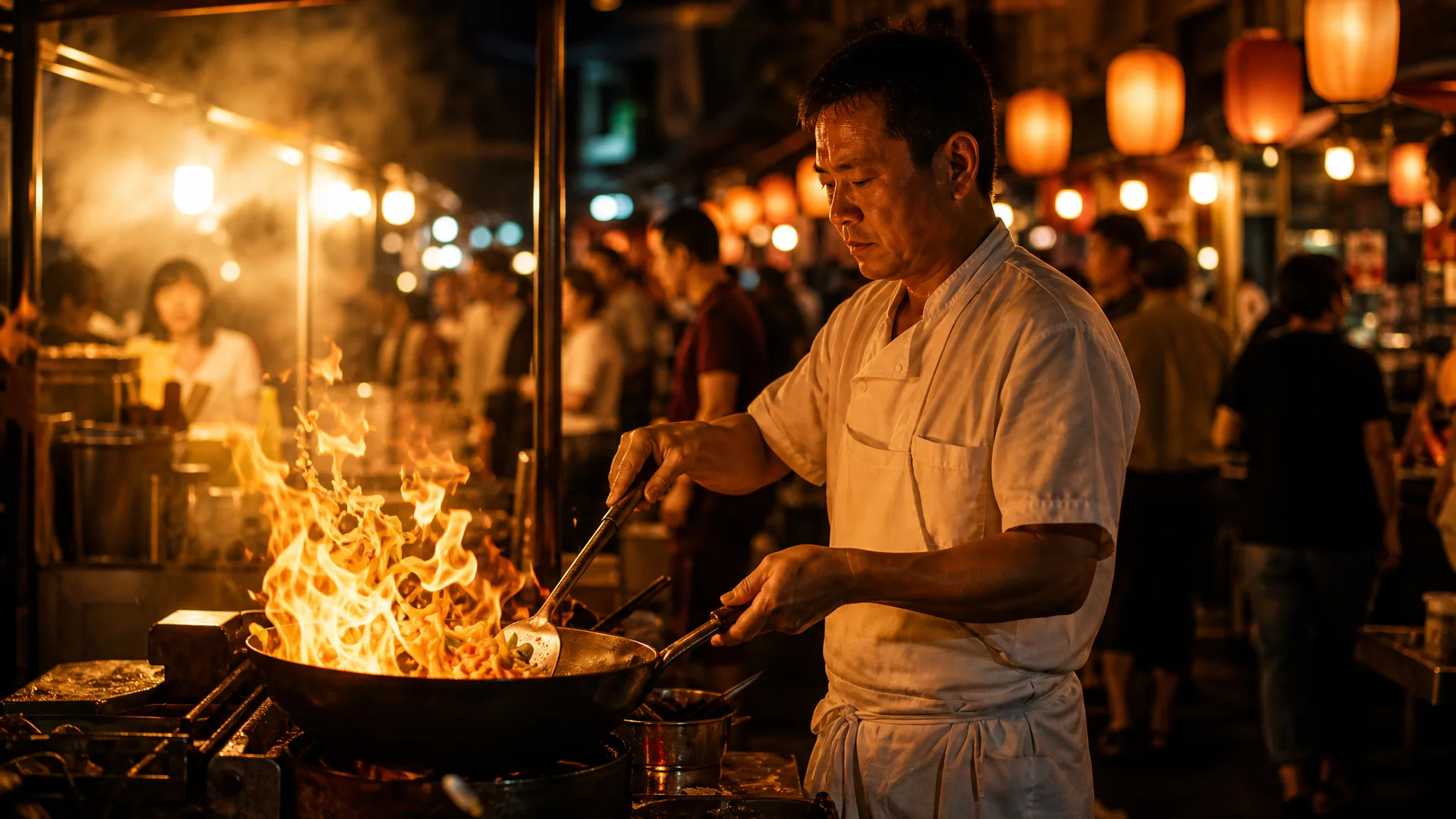Seedream 5: A Busy Market, One Focus Night-market cook tossing vegetables in a flaming wok, lanterns and shoppers soft in the background
