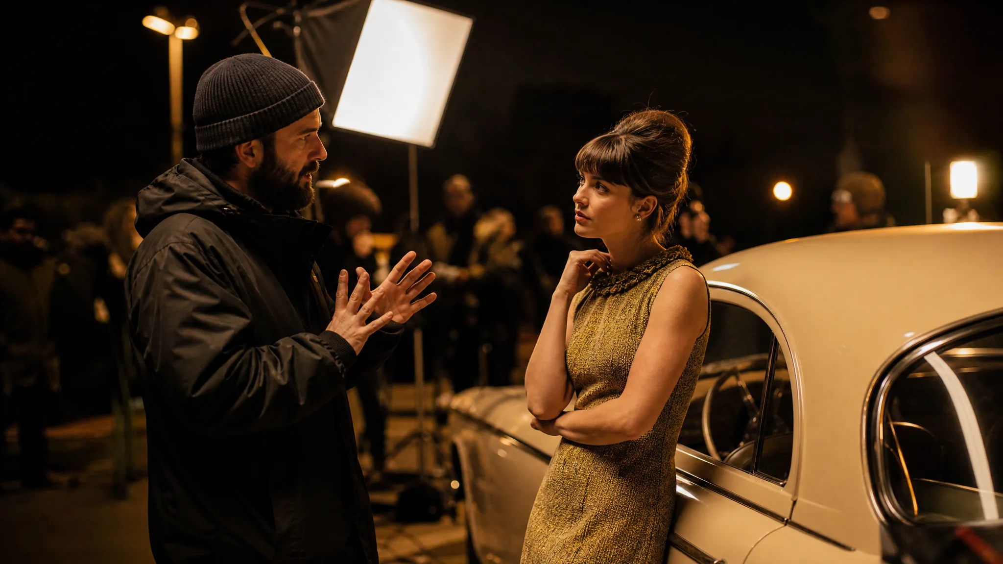 Seedream 5: Planning a Night Scene Director talking through a scene with an actress next to a vintage car on a warm night set