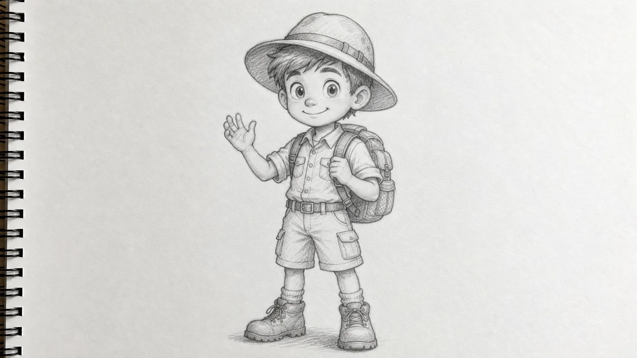 Pencil sketch on a spiral sketchbook page of a smiling boy explorer in a sun hat and backpack raising a hand to wave