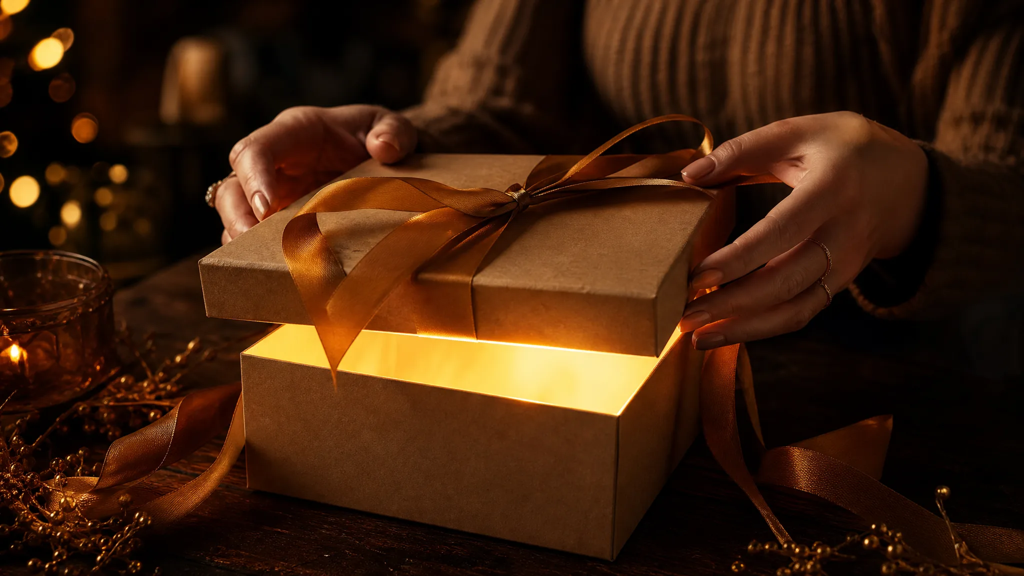Hands raise the lid of a kraft gift box tied with ochre ribbon as warm light spills out onto a dark table