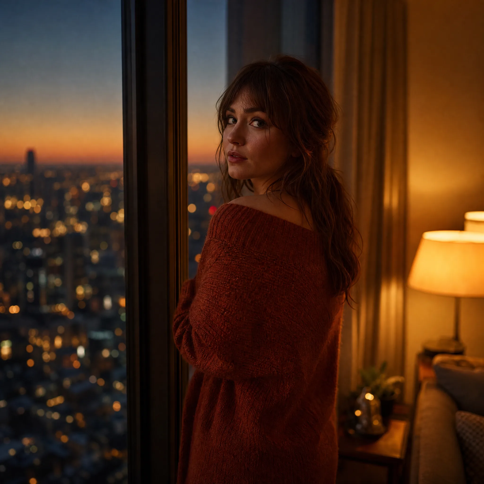 Woman in a rust-red sweater glances back from a tall window as the city below lights up at dusk