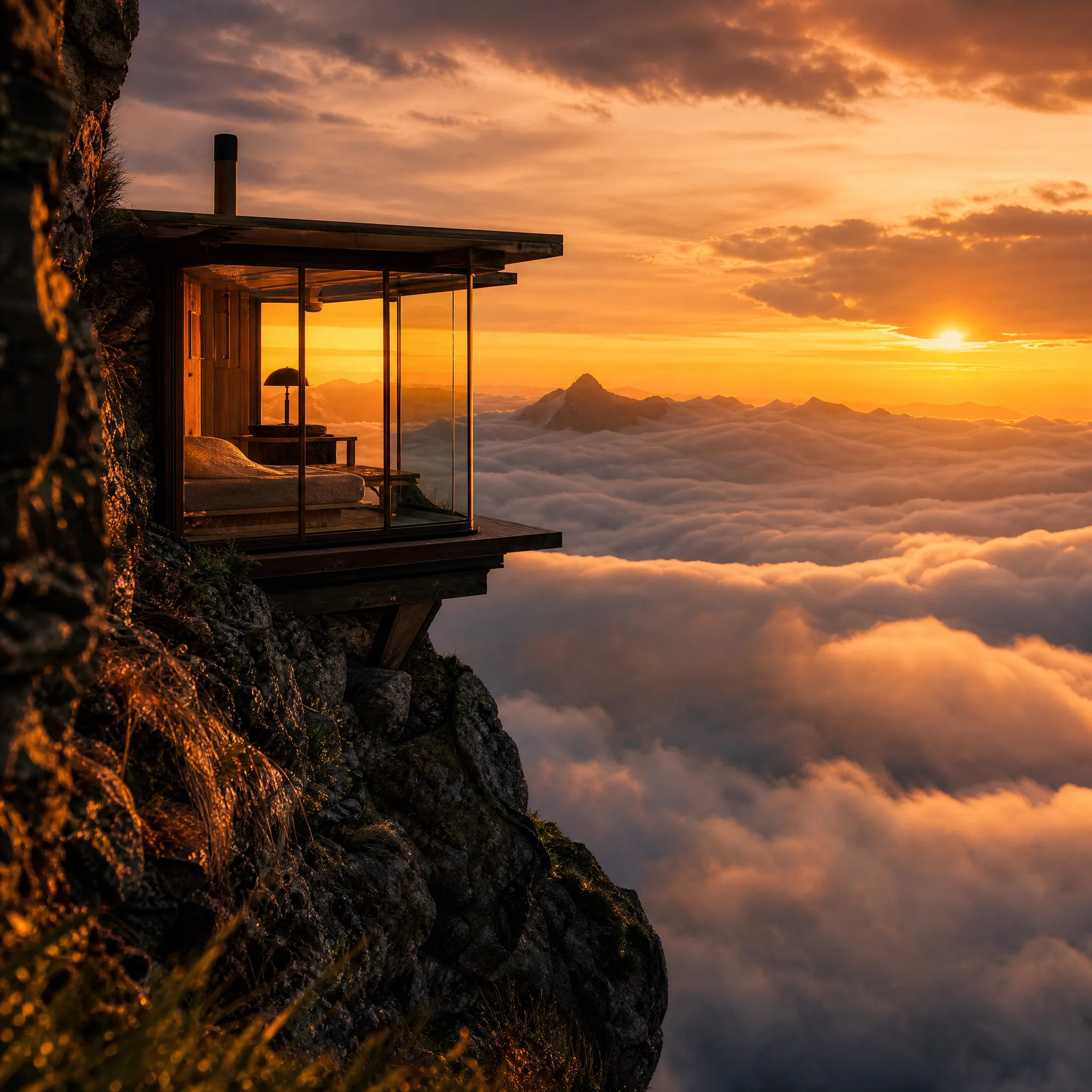 Small glass cabin lit from inside on a rocky mountain ledge, with a sea of clouds below glowing in the sunset